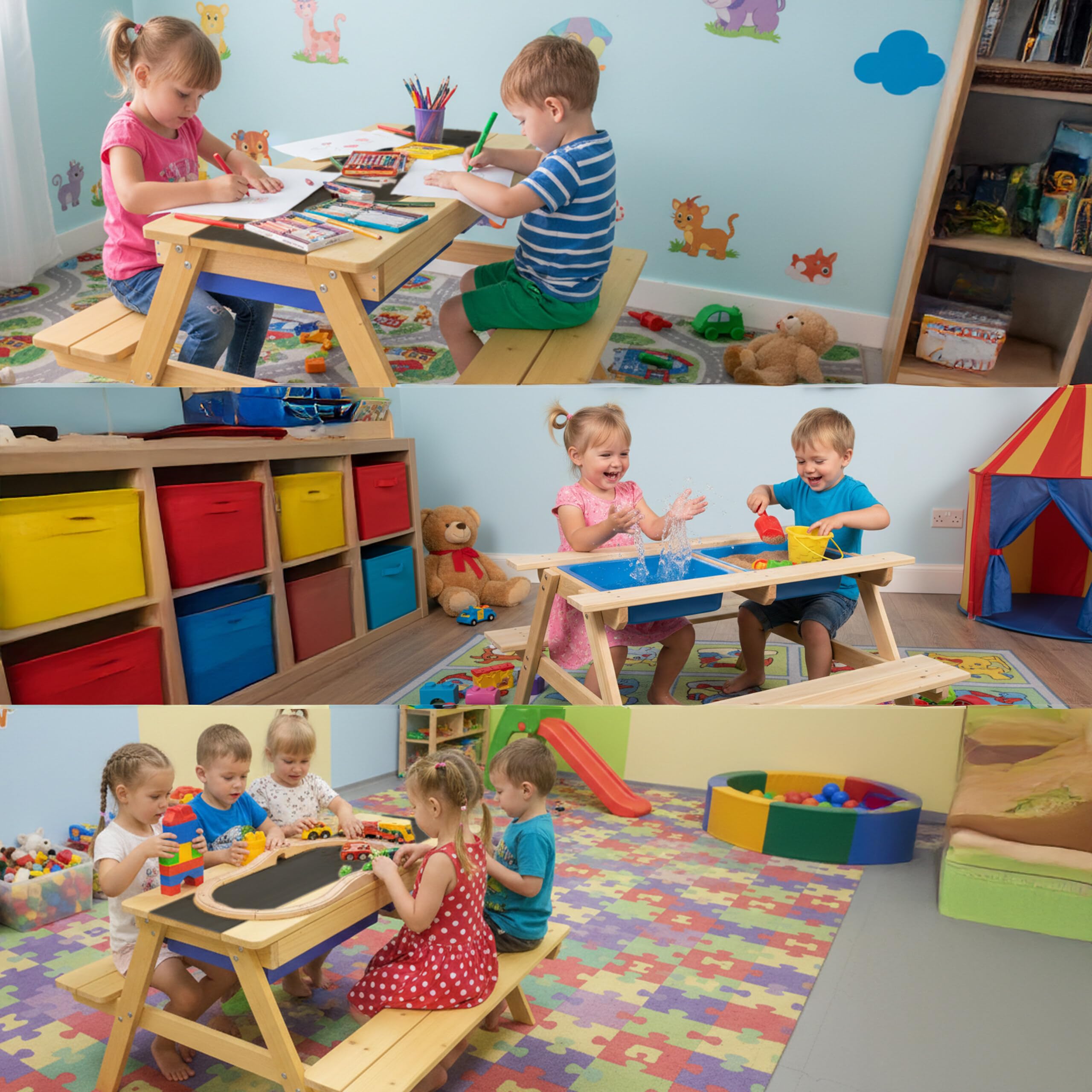 Relaxdays Table-bancs Enfants Bois 3-en-1, Table de Jeu Cuisine Pique-Nique Ardoise, 48,5x89x85 cm, Naturel