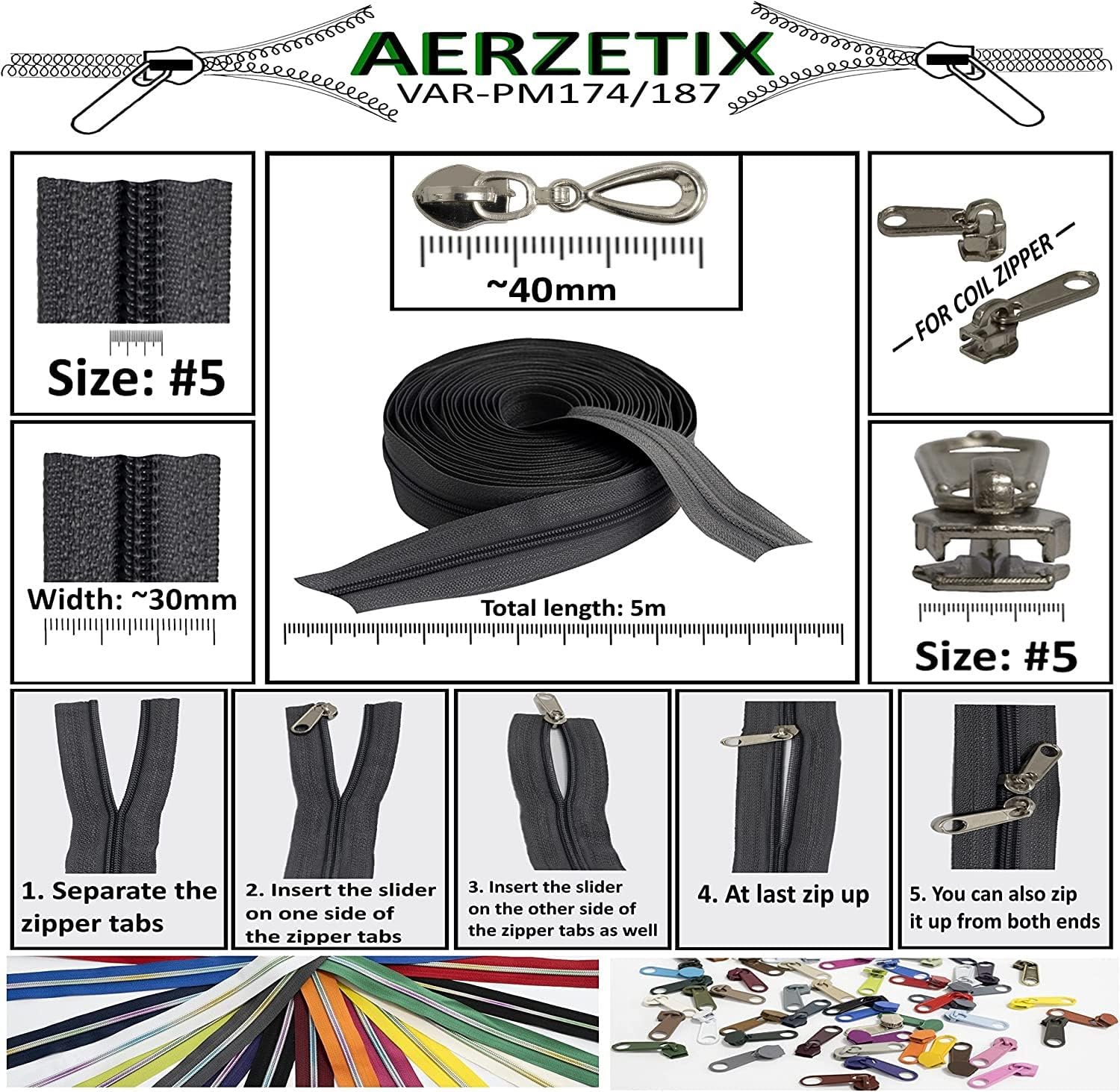 AERZETIX - C62471x5-C62947x10 - Set with spiral zip 5m No. 5 colour: burgundy/rainbow + 10 non-locking sliders no. 5 colour: silver - drop - nylon/metal
