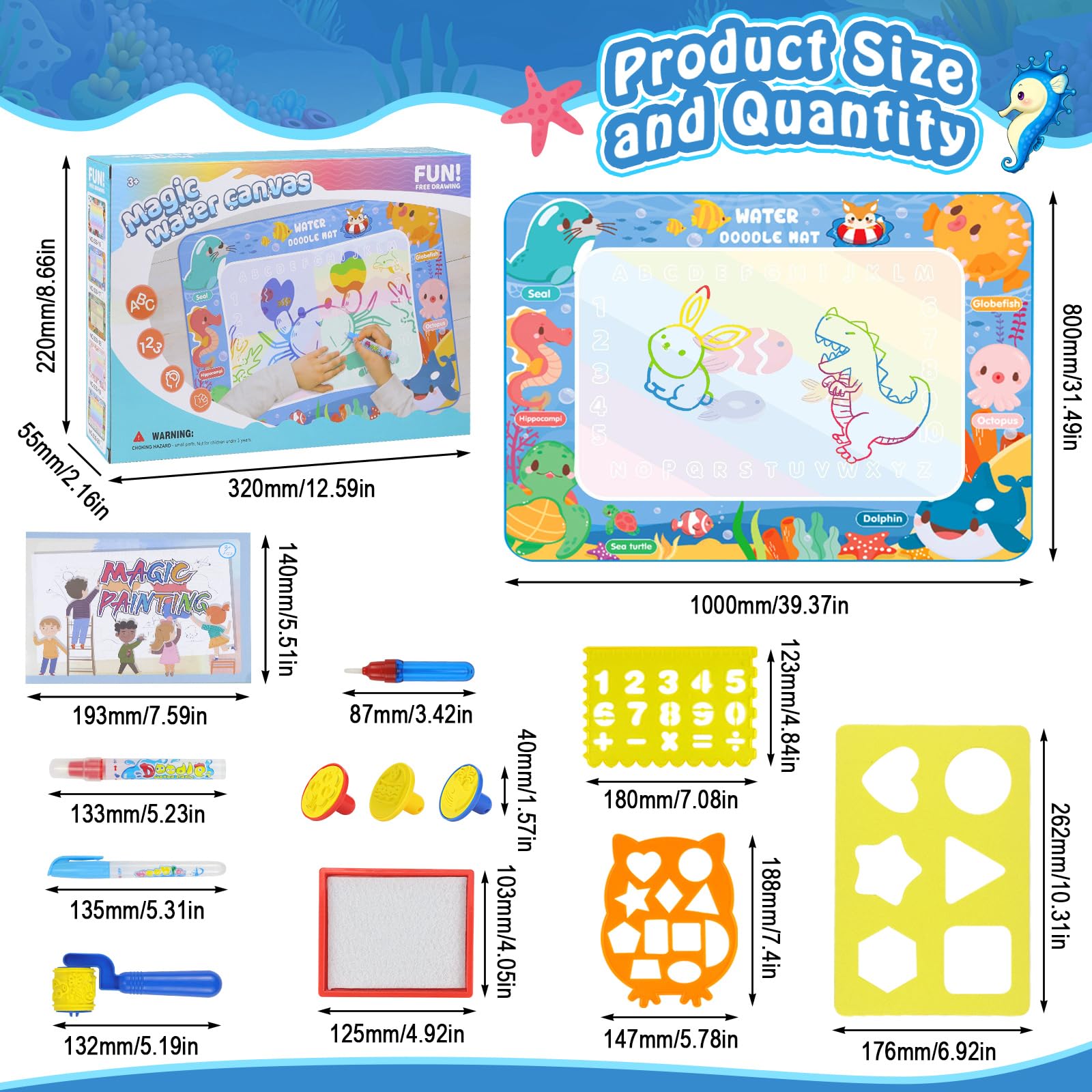 LEcylankEr Tapis Dessin Eau Enfant 120 x 90 CM Aqua Doodle Matte Aqua Tapis de Dessin Adapté Jeux pour Enfants 1 2 3 4 5 6 7 Ans (Version éducative