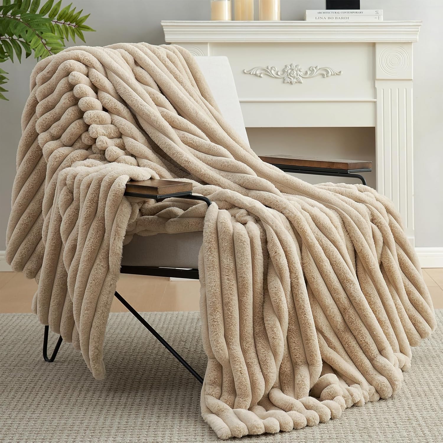 Amélie Home Faux Fur Throw Blanket for Couch, Cozy Fuzzy Fluffy Fur Luxurious Soft Striped Plush Gift Blankets for Family Sofa Chair Bedroom, 55"x70", Beige - Image 5