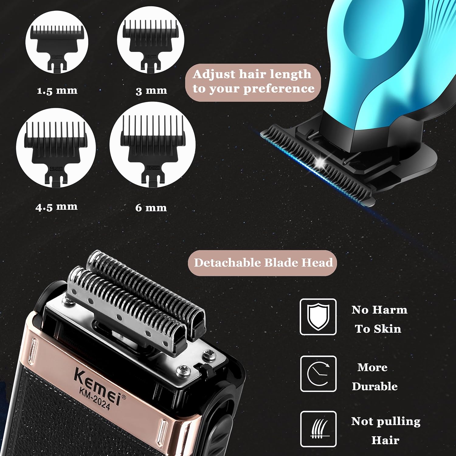 KEMEI Hair Trimmer and Foil Shaver for Men, Cordless Hair Clippers Beard Trimmer with T Blade, Waterproof Razor Shaver, Rechargeable Barber Clippers with LED Display, KM-264 Blue, KM-2024