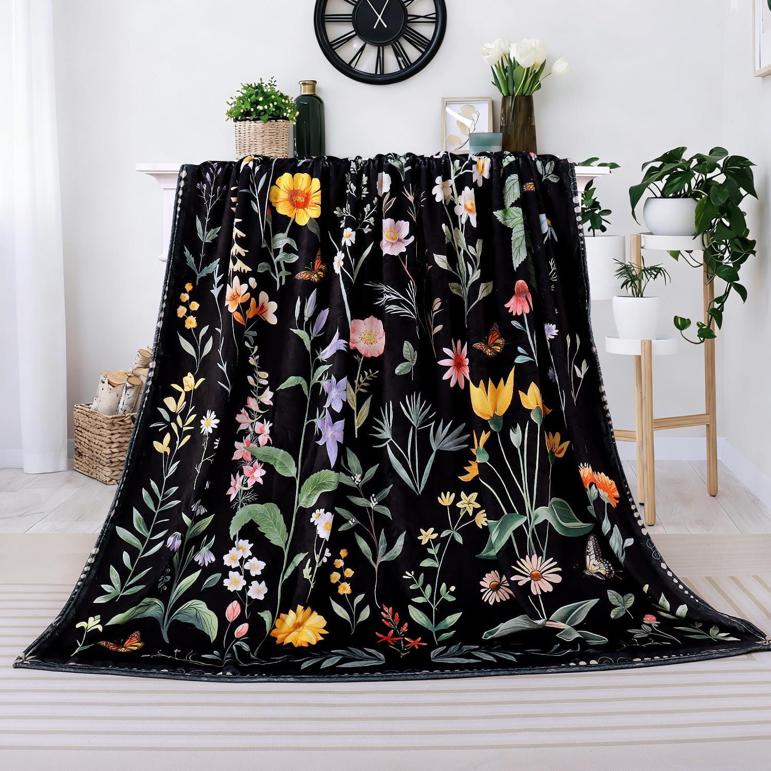Spring Flowers Throw Blanket Black Vintage Floral Blankets Soft Cozy Flannel Fleece Plants Butterfly Print Bed Blankets for Bedding Sofa and Travel Camping 50" × 60" - Image 3