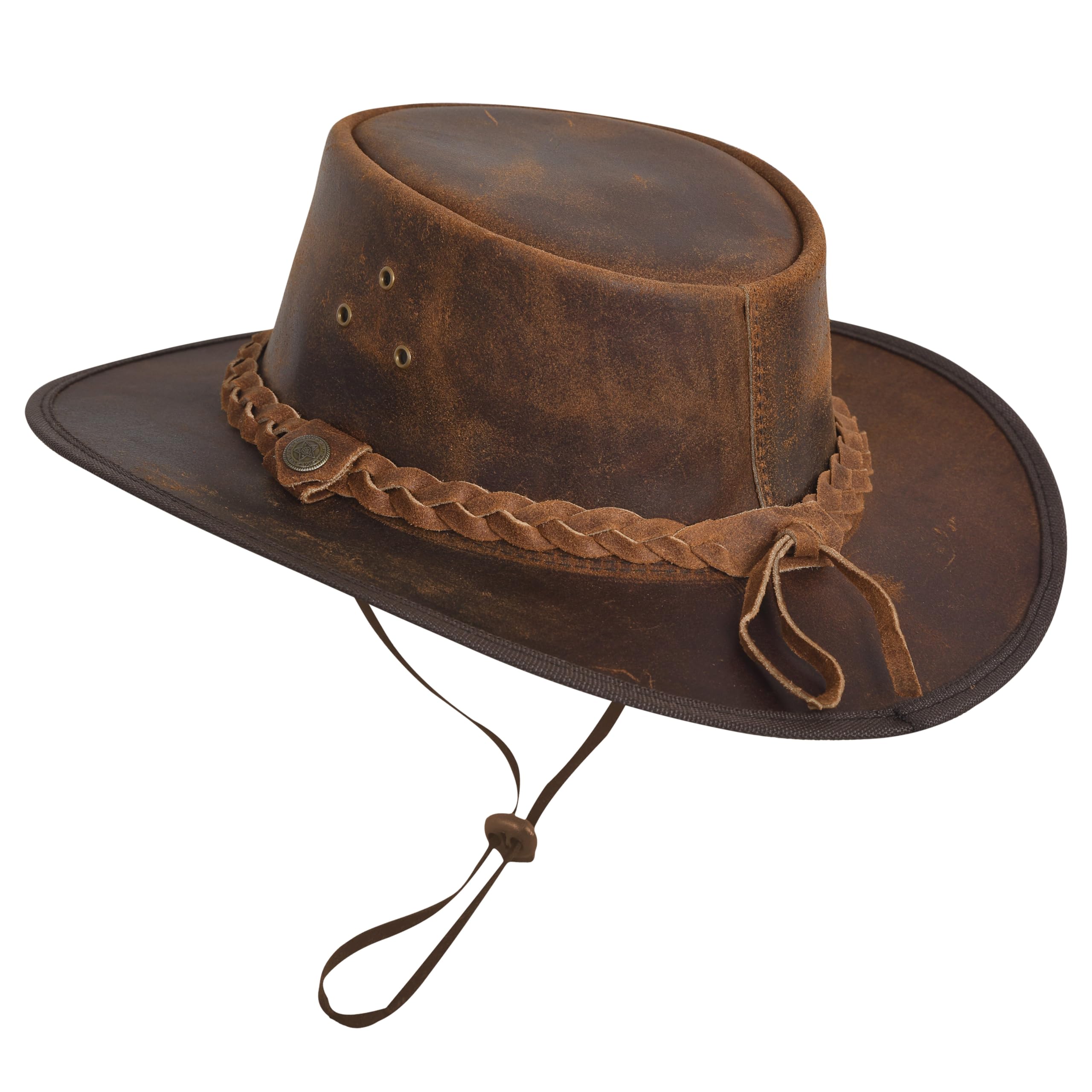 Sombrero de vaquero de cuero, estilo australiano Outback, sombreros occidentales para hombre, sombrero de ranchero de cuero con banda trenzada