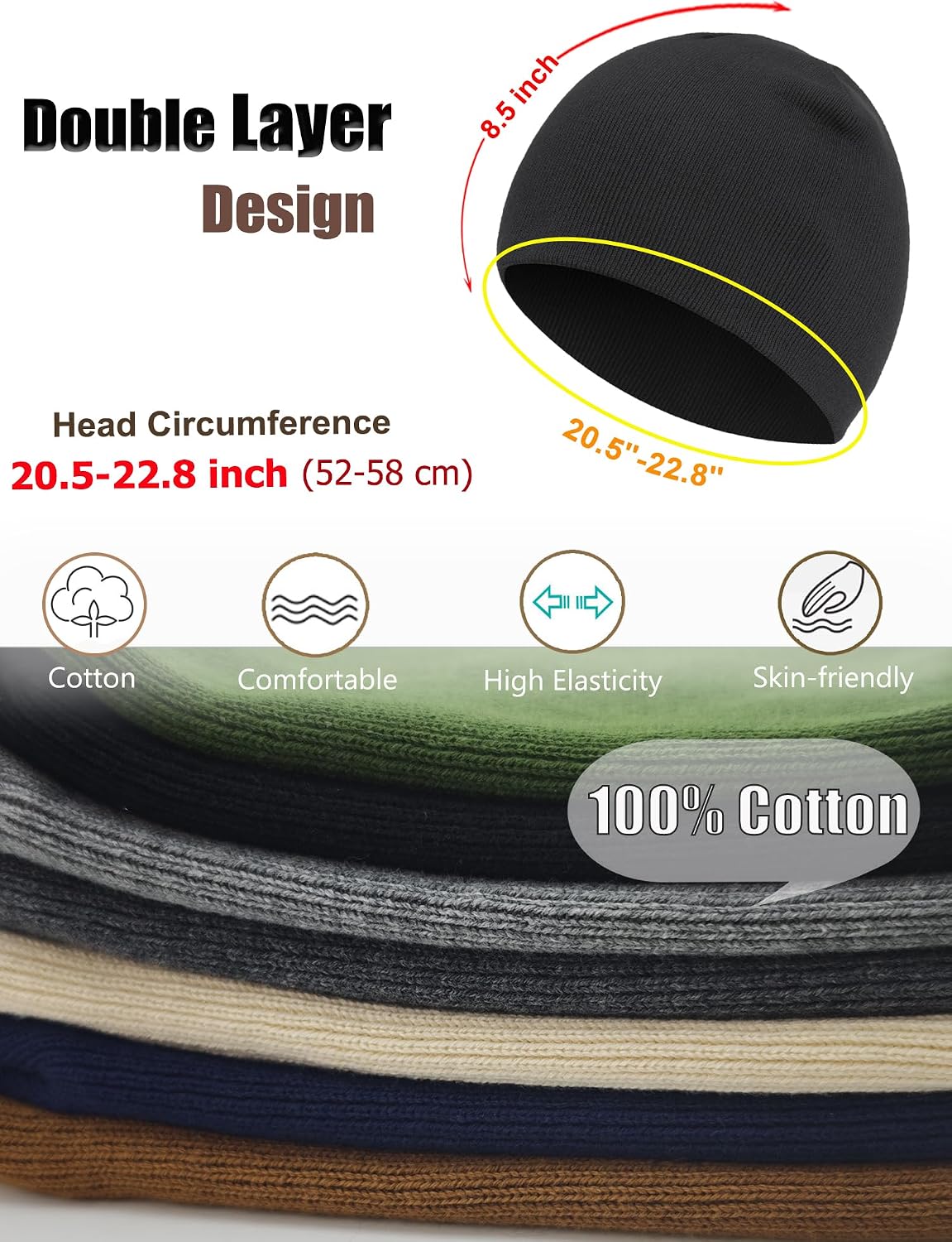 100% Cotton Beanie Hat for Men Women, Cuffless Soft Knit Warm Winter Hats Fisherman Beanies Skull Cap Unisex