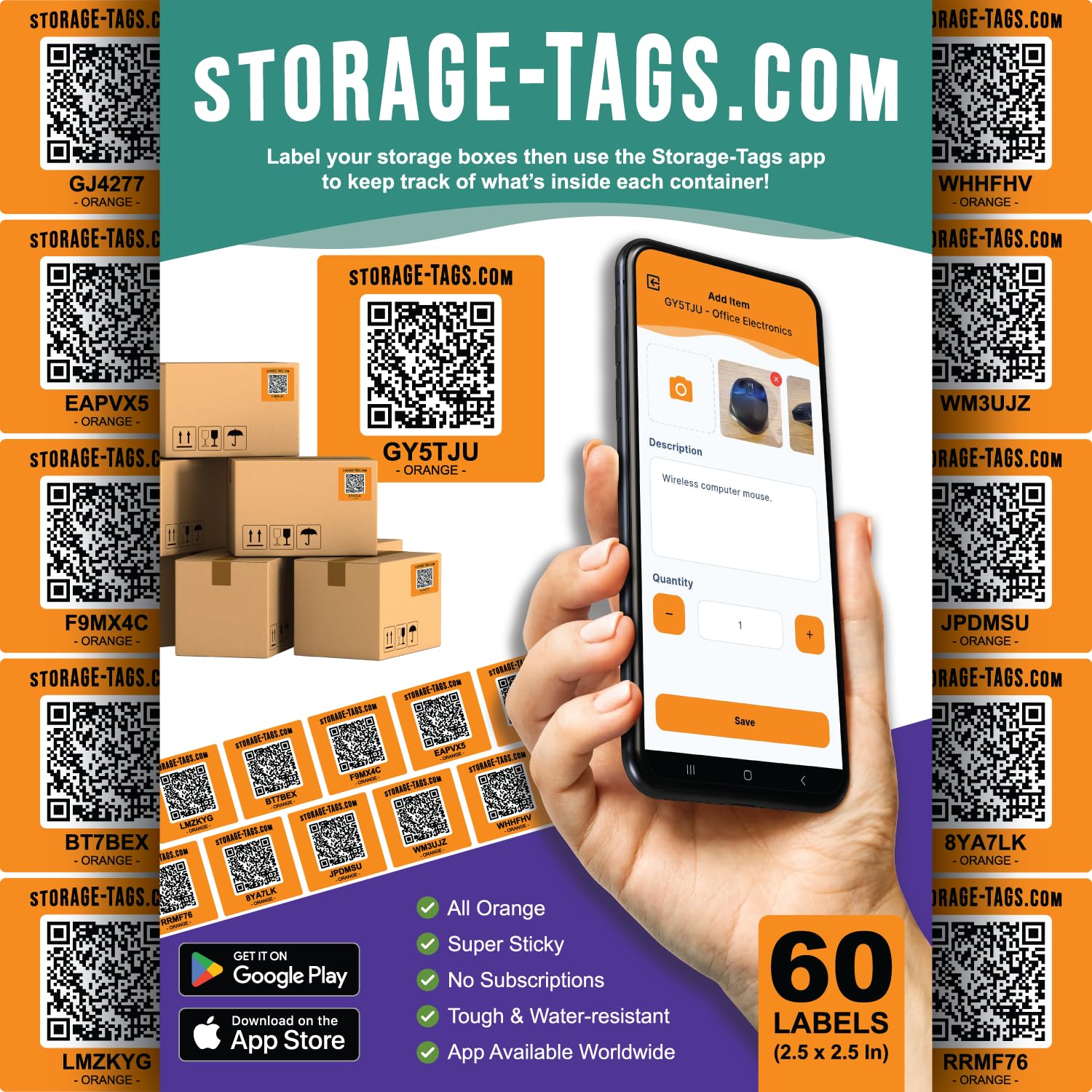 Etiquetas de almacenamiento de código QR (naranja) - Pegatinas inteligentes - Etiquetas de seguimiento para bolsas - Escanea contenedores de almacenamiento y contenedores - Mudanza - Seguimiento de