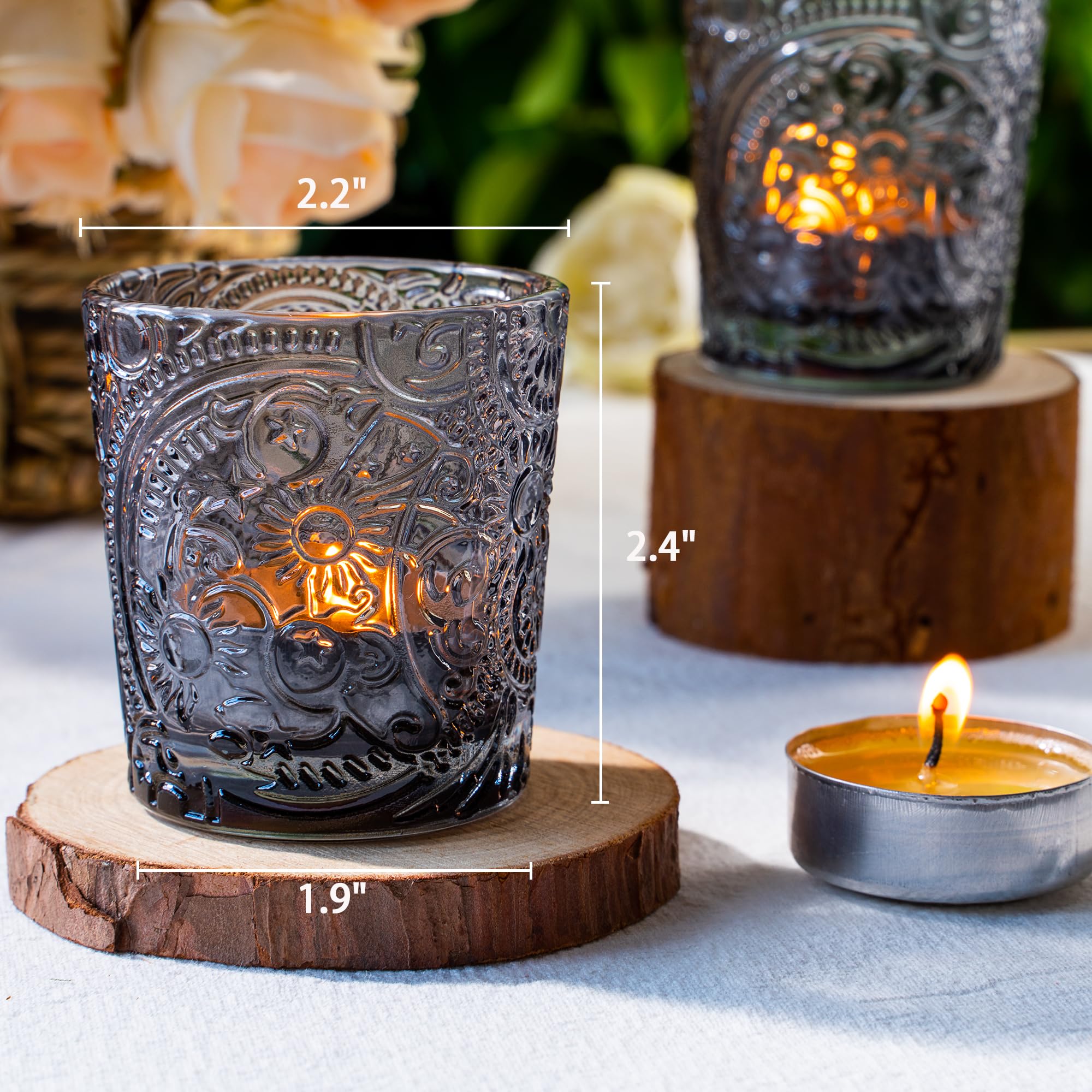 6 Pack Sun Moon Star Embossed Glass Tea Light Candle Holders - Votive Candle Holders for Wedding, Party, Home Decor, and Table Centerpieces (Gray)