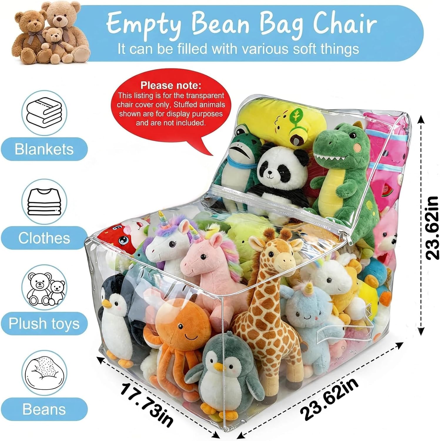 Waterproof Large Stuffable Beanbag Chair Cover, Clear Stuffed Animal Bean Bag Chair Cover for Kids, Creative PVC Plush Toys Storage for Organizing Toddler & Children Rooms Soft Stuff Animal image 3