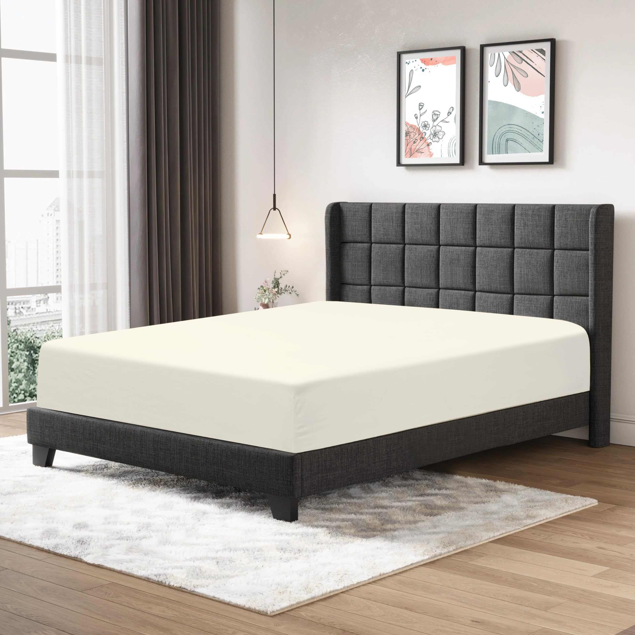 Fitted Sheet 25cm Deep Mattress Pocket 100% Egyptian Cotton 200 Thread Count Soft & Fade Resistant Bottom Fitted Bed Sheet (Cream, Double)