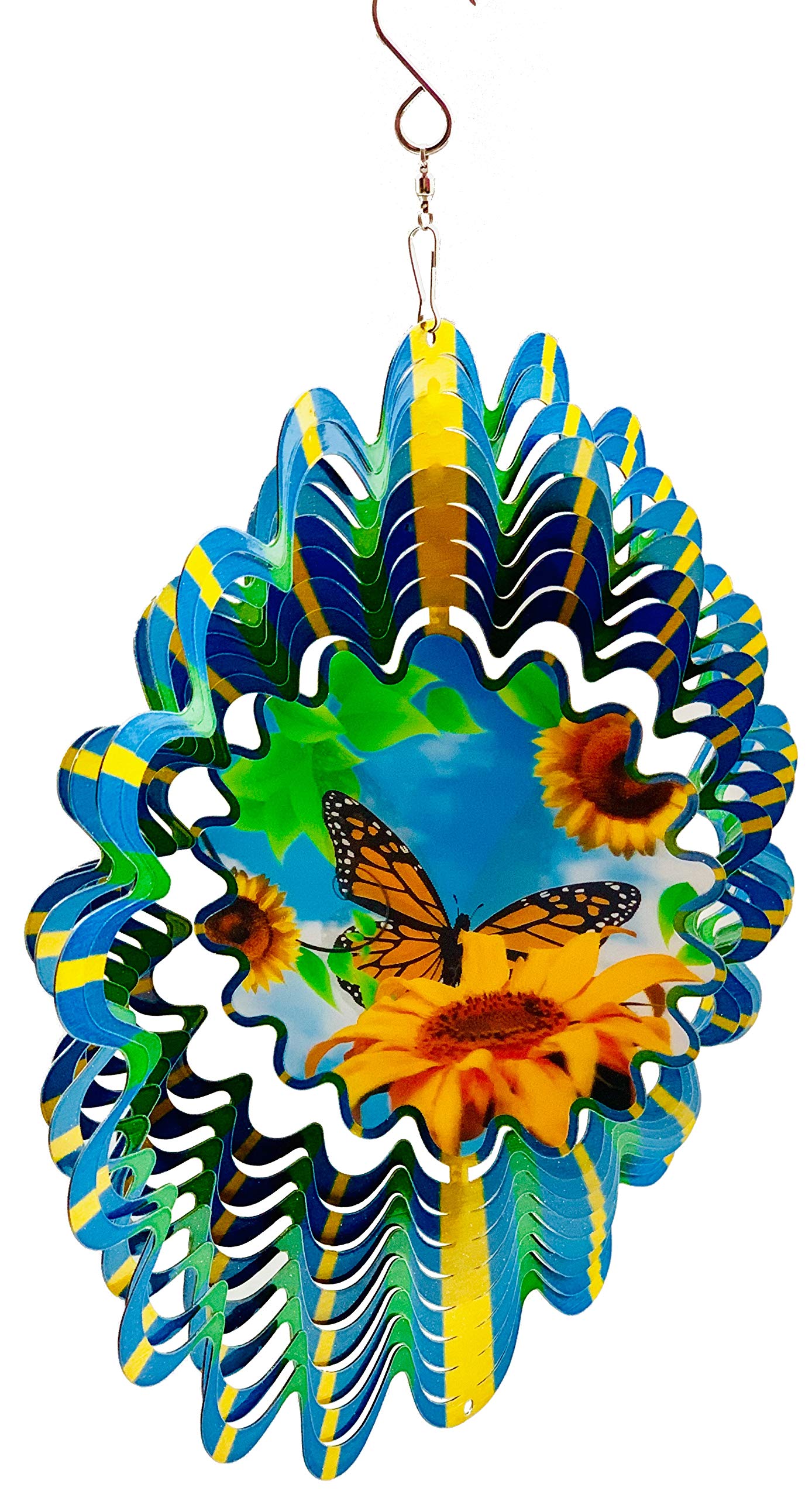 Dundee Deco W3001 Wind Spinner in Gift Box - 3D Hanging Indoor Outdoor Yard Garden Decoration - Butterfly Flower - Blue Green Yellow - 12 in - Unique Gift Idea for Men Women, Souvenir, Present