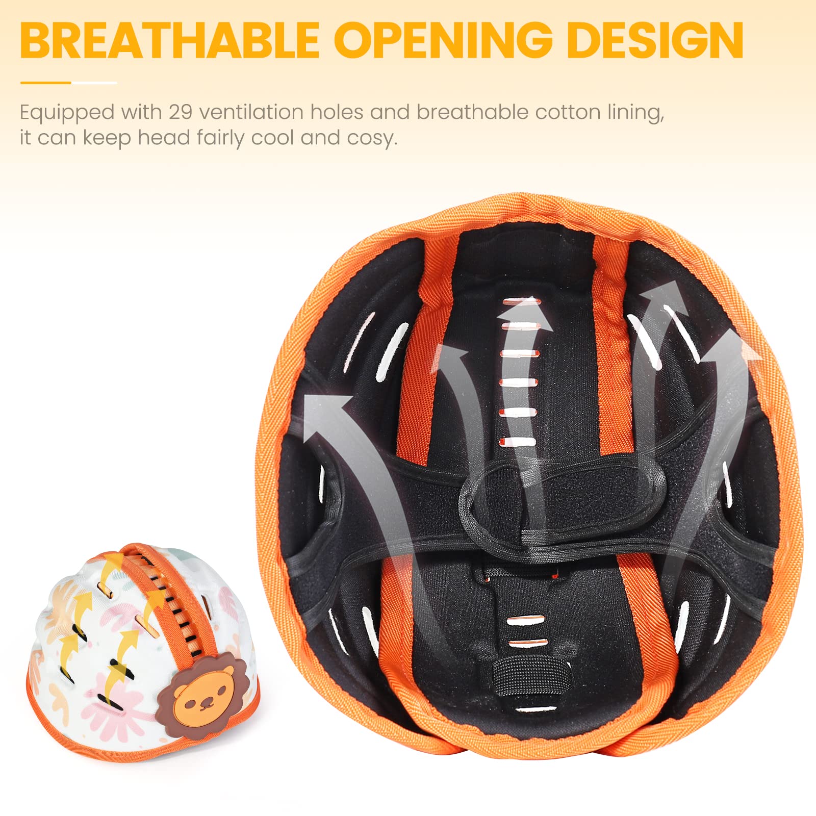 Orzbow Baby Helm mit Knieschoner, Atmungsaktiver Baby Kopfschutz zum Krabbeln und Gehen, Verstellbarer Baby Sicherheitshelm, Anti-Kollision, Ultraleicht, Hochwertige Baumwolle und Eva, Orange Löwe