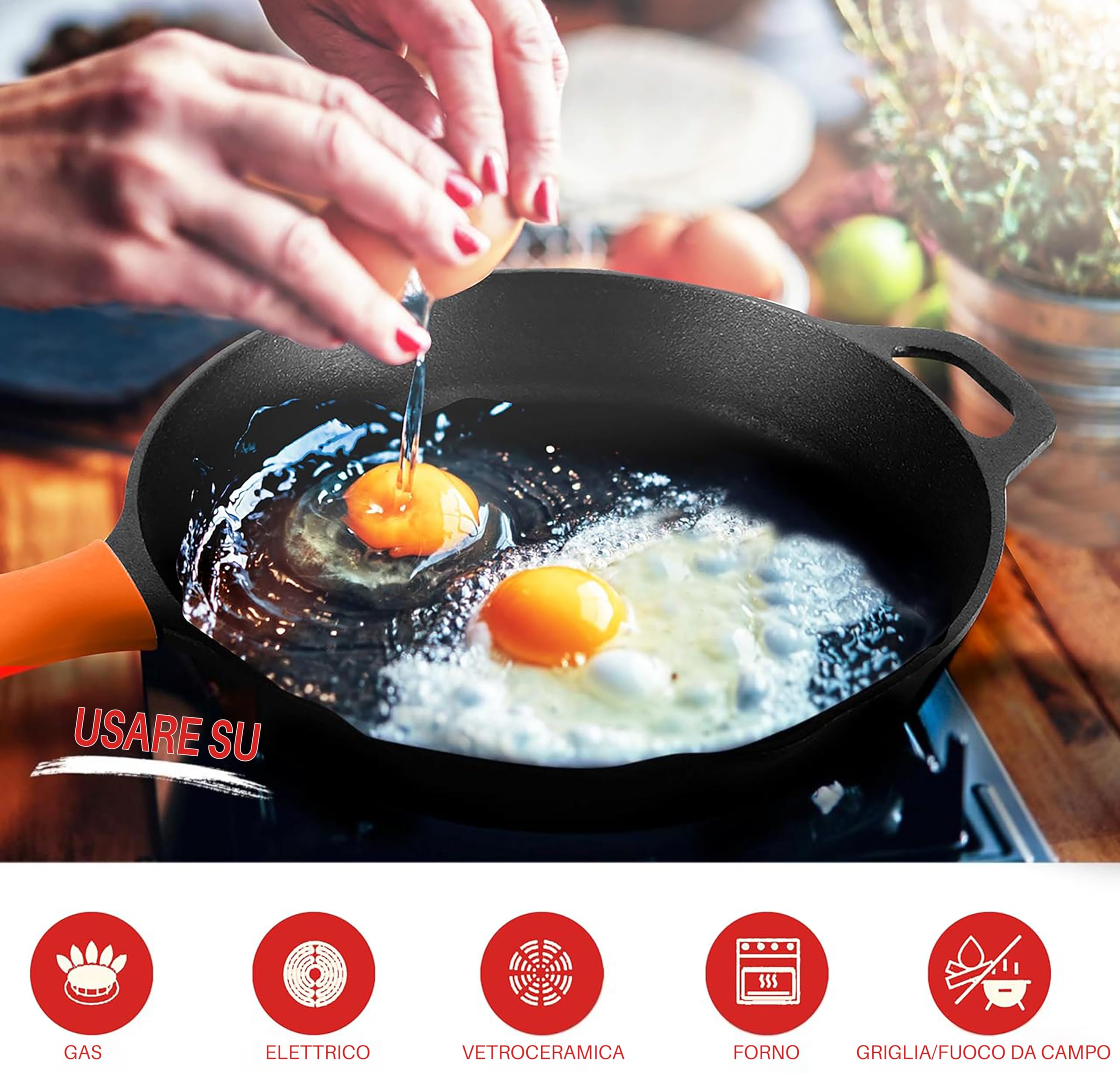 NutriChef Padelle in Ghisa Pre-Condite 25 e 30 Centimetri, Antiaderenti, Manico in Silicone Anti-Scottatura, per Forno, Griglia e Tutti i Piani Cottura