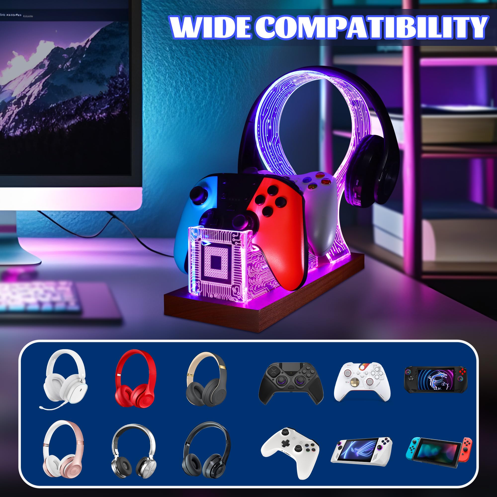YuanDian Regali per ragazzi adolescenti, cuffie da gioco da scrivania e supporto per controller con luce notturna a LED blu rosa, supporto controller in legno acrilico con motivo PCB, regalo