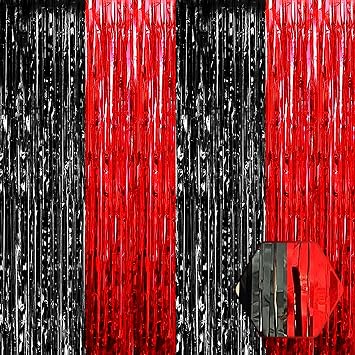 6 Pack Black Red Foil Fringe Curtain Backdrop, 3.28Ft x 9.8Ft Metallic Tinsel Foil Fringe Streamer Curtains for Photo Booth, Christmas Day, Thanksgiving, Wedding, New Year Party Decorations