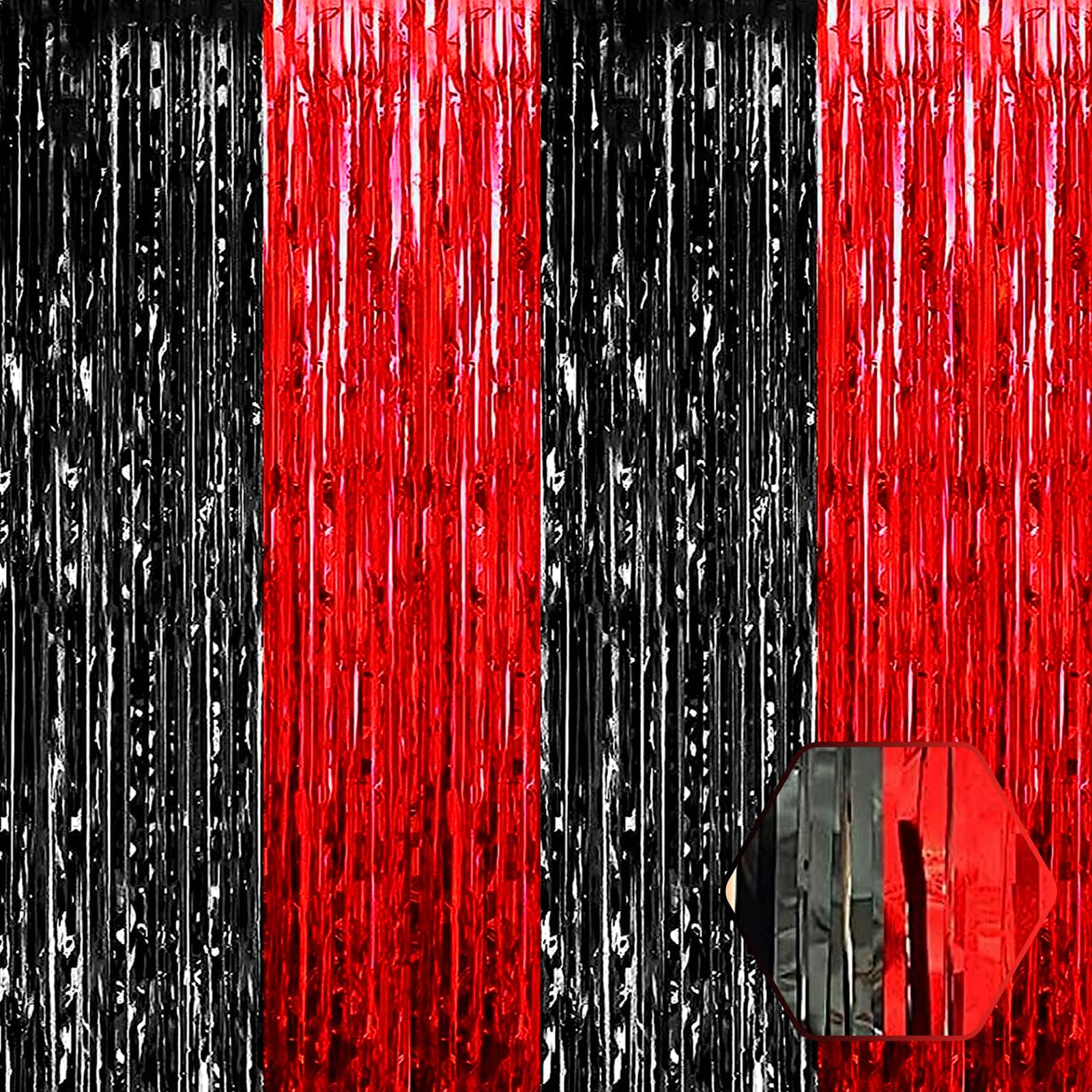 3 Pack Black Red Foil Fringe Curtain Backdrop, 3.28Ft x 8.2Ft Metallic Tinsel Foil Fringe Streamer Curtains for Photo Booth, Christmas Day, New Year,