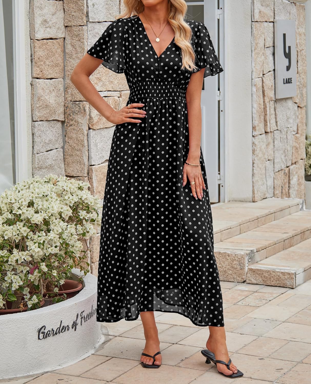 Polka Dot Dress for Women 2026 Summer V Neck Empire Waist Chiffon Maxi Long Dresses with Pockets Wedding Guest Party Beach