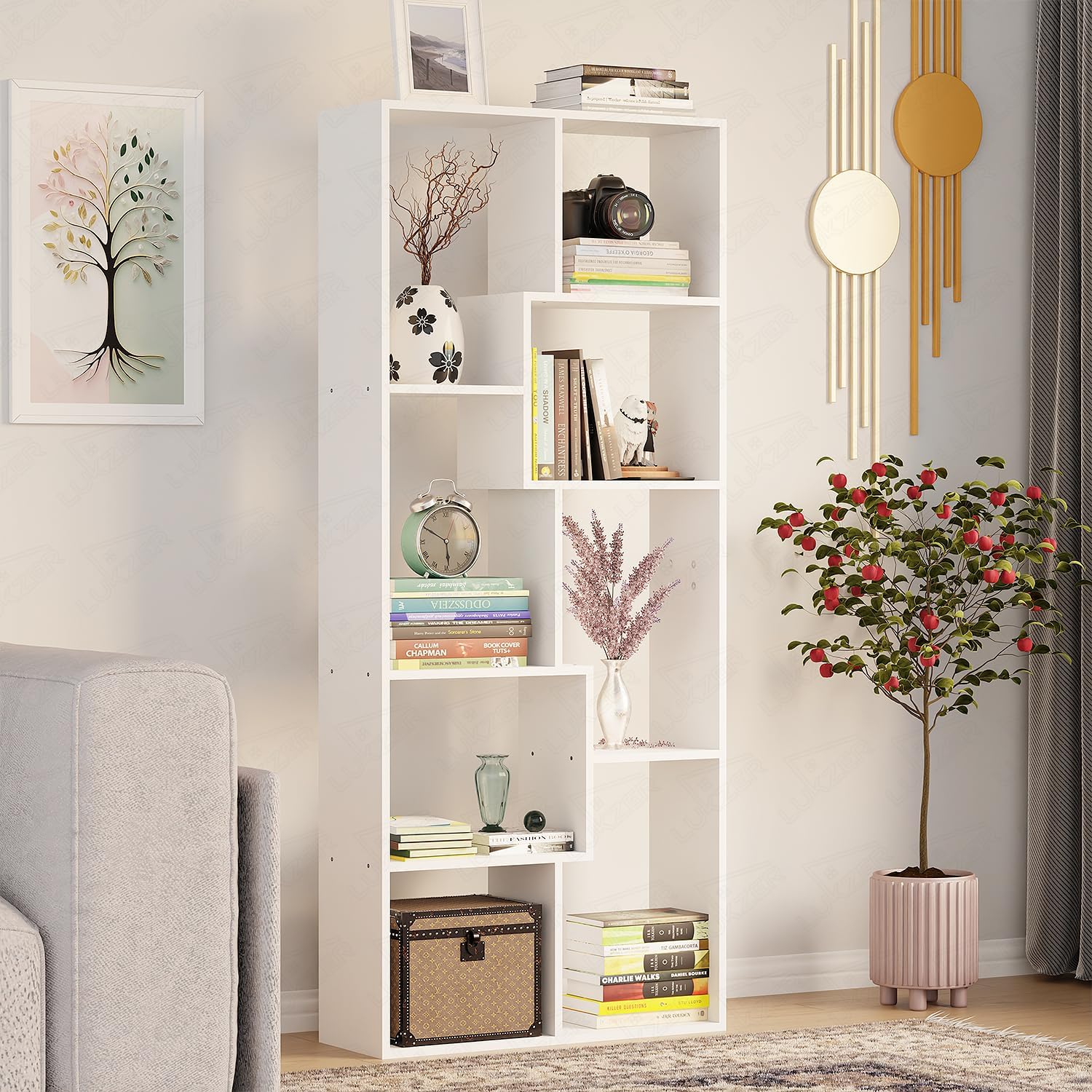 8 Shelves Modern Simple Engineered Wood Book Shelf with Storage Display Rack Open Bookcase Showcase Stand (MR-004/White/164 x 24 x 70 cm) DIY (Do It Yourself)