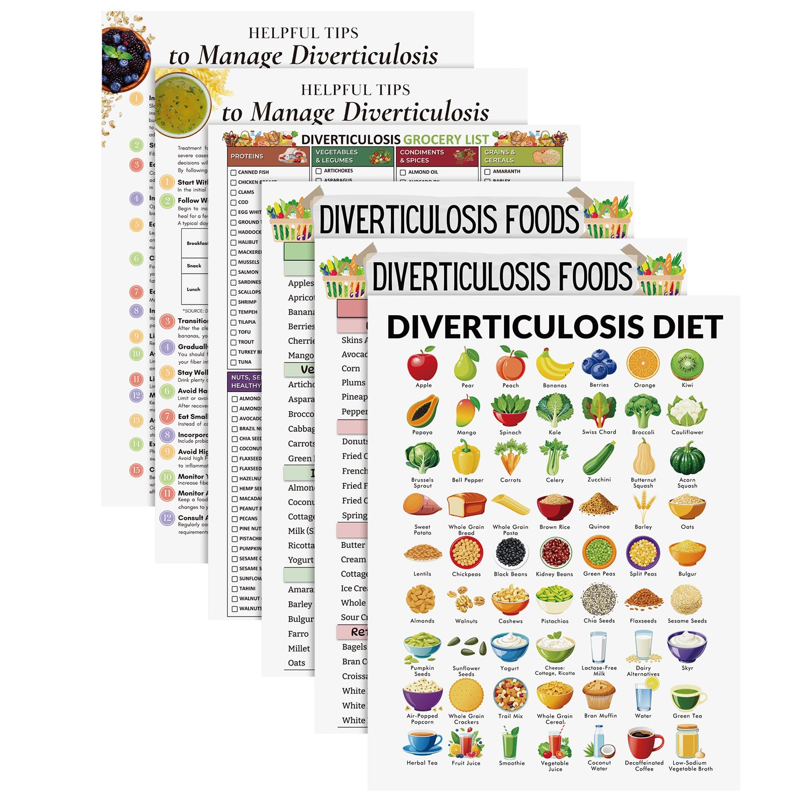 Honoson 6 Pcs Diverticulosis Food List Poster Diverticulosis Diet High Fiber Food Chart Grocery List to Avoid and to Eat Wall Chart for Digestion Gut Health Living Room Home Decor Patient Elder — image 1