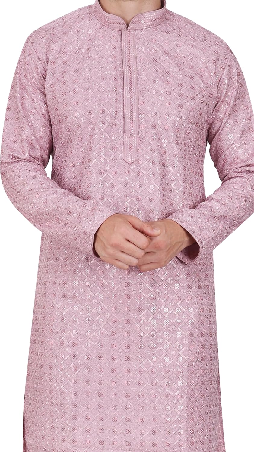 TRILOKI Mens Embroidered Sequined Kurta Pajama Set Rayon Ethnic Indian Traditional Wear Ethnic Diwali Puja Kurta Payjama Set - Image 4