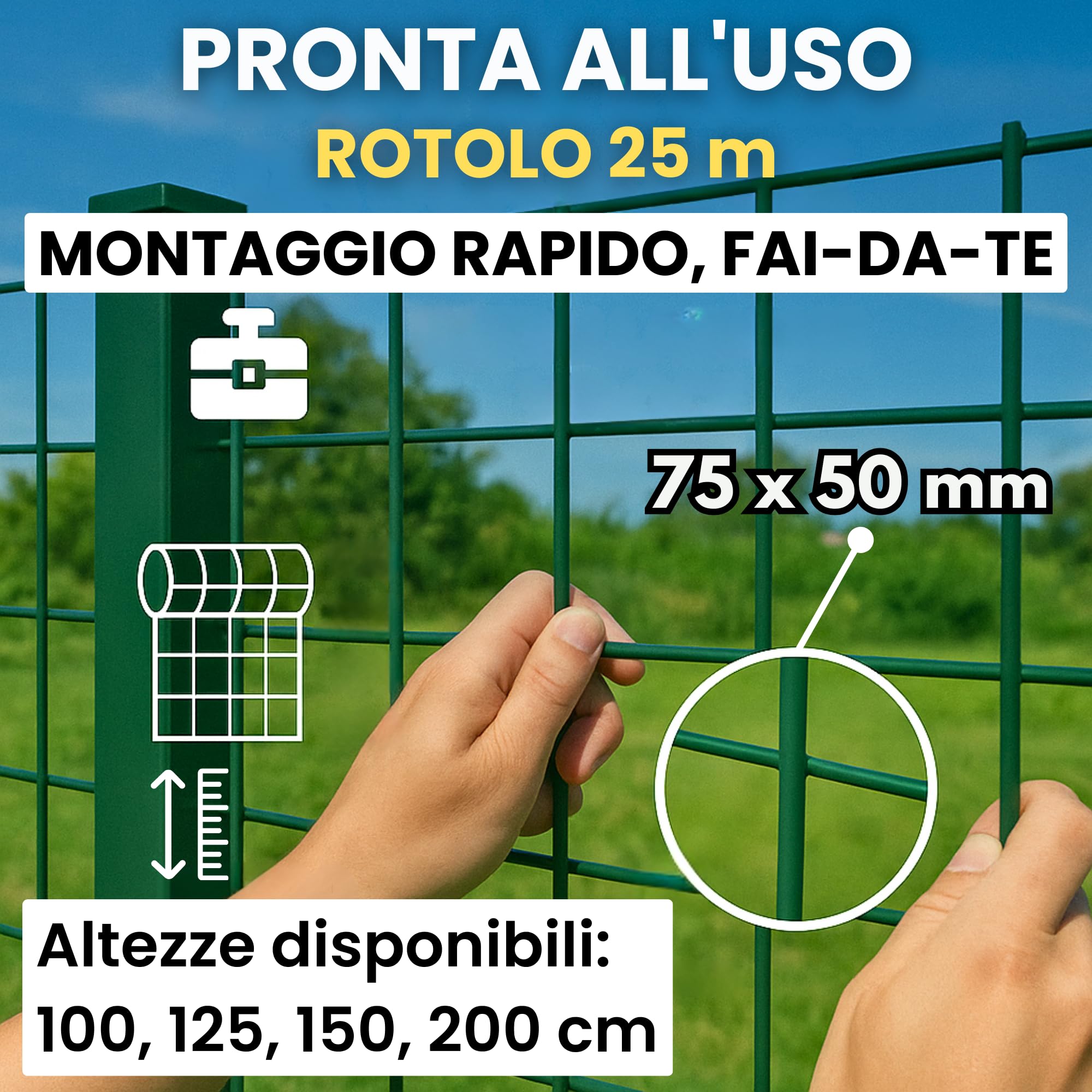 ITALFROM - Rotolo 25 Metri Rete Metallica per Recinzioni H 125 cm, Rete Elettrosaldata Verde per Recinzione Plastificata Zincata con Maglia 75x50mm, Rete da Giardino per Recinzione Rigida (2205)