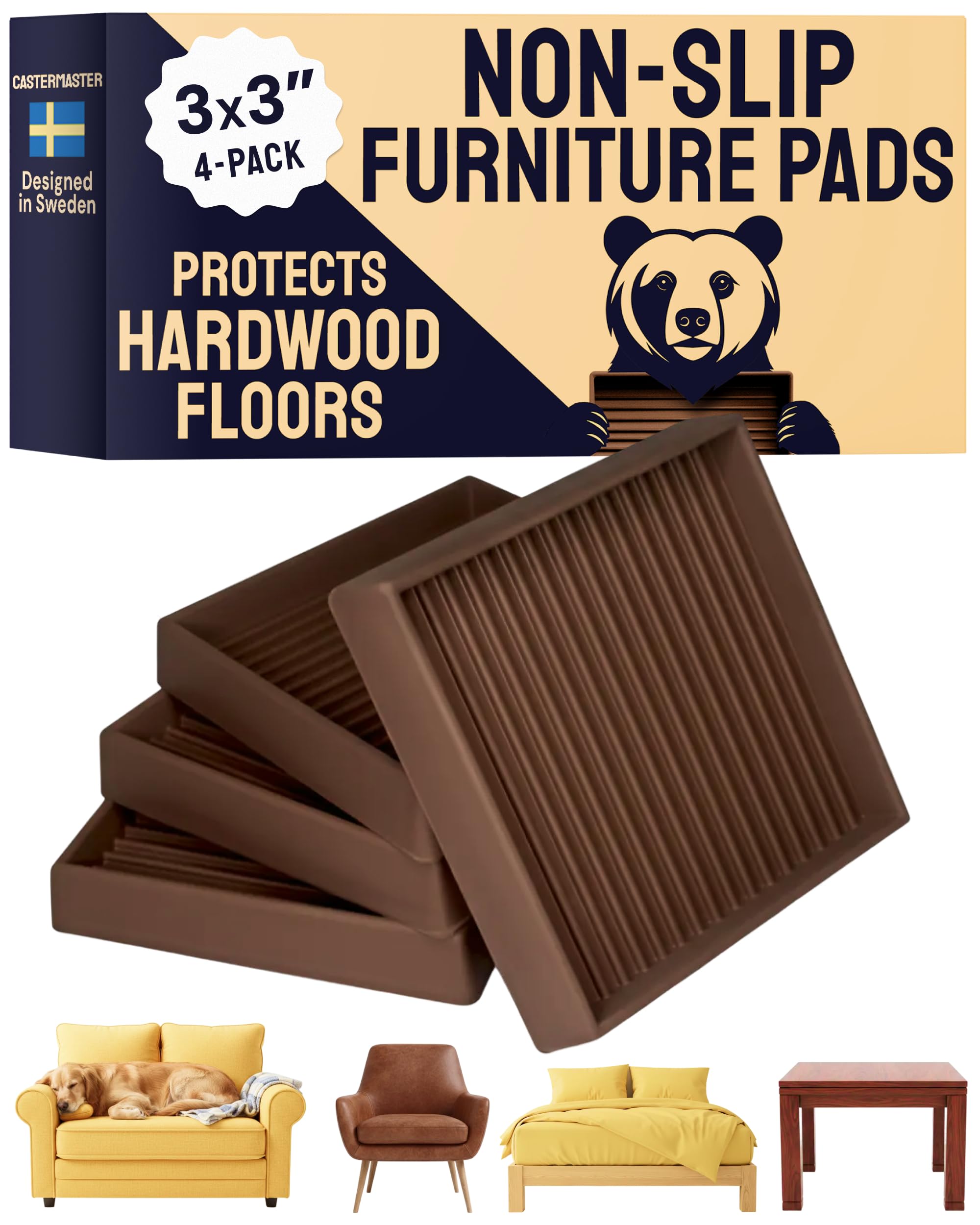 CasterMaster Non-Slip Rubber Furniture Pads - 3 in x 3 in Set of 4 Brown - Floor Protectors for Hardwood Floors & Chairs - Grippers & Rubber Feet for Furniture