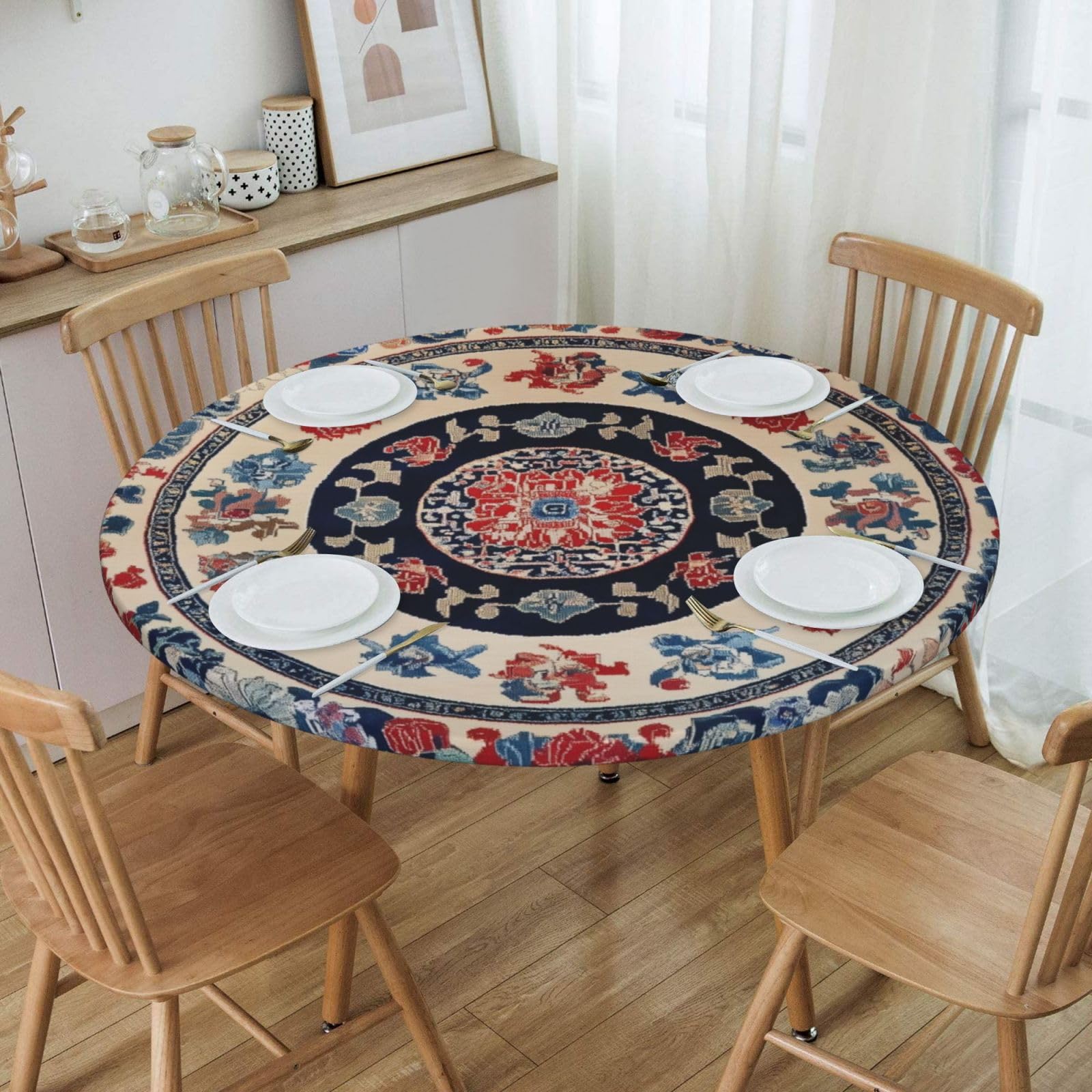 Yesad Nappe De Table Ronde Bohème, Ajustée, Imperméable, Avec Bord élastique, Facile à Nettoyer, Pour Intérieur Et Extérieur, 96,5 à 106,7 Cm
