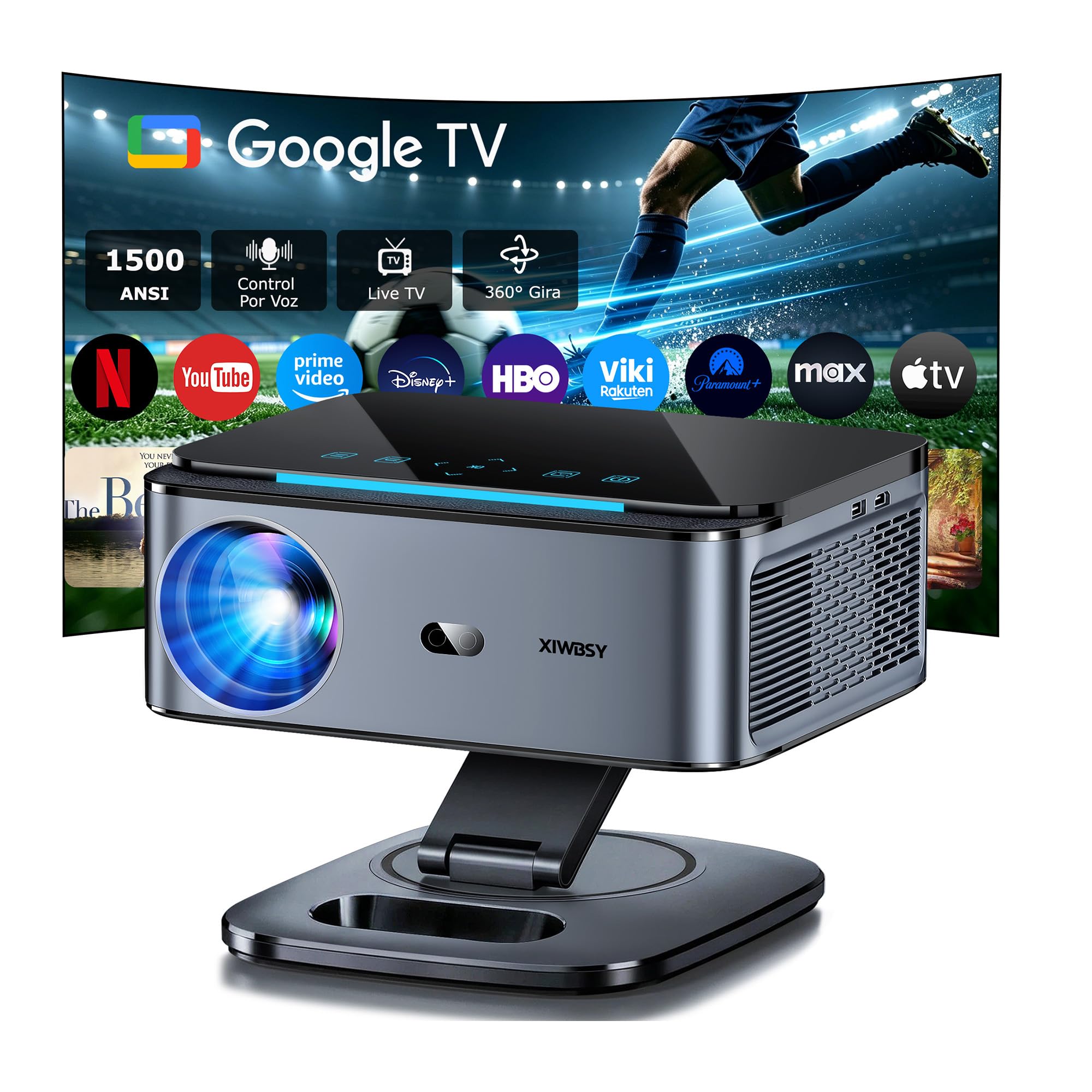 Proyector 4k【FIFA World Cup/1500 ANSI/Google TV】 XIWBSY Projector Control por Voz, Autofokus, Proyector GTV 38000 Lúmenes, Apps Oficiales/Live TV, Projectore Bluetooth para Cine en Casa