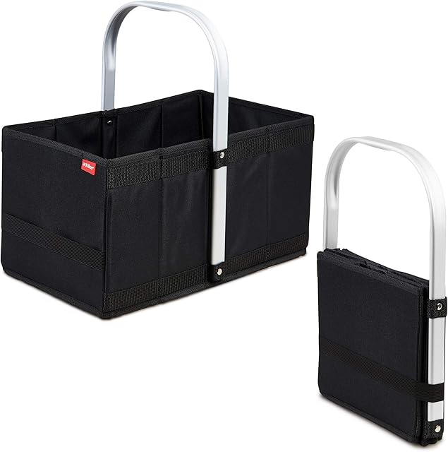 achilles Handle Box, Foldable shopping basket, Carrying basket with aluminum handle, Folding basket, Picnic basket, Shopping box, Shopping bag, Folding box, Basket box (40x24x20 cm, Black)