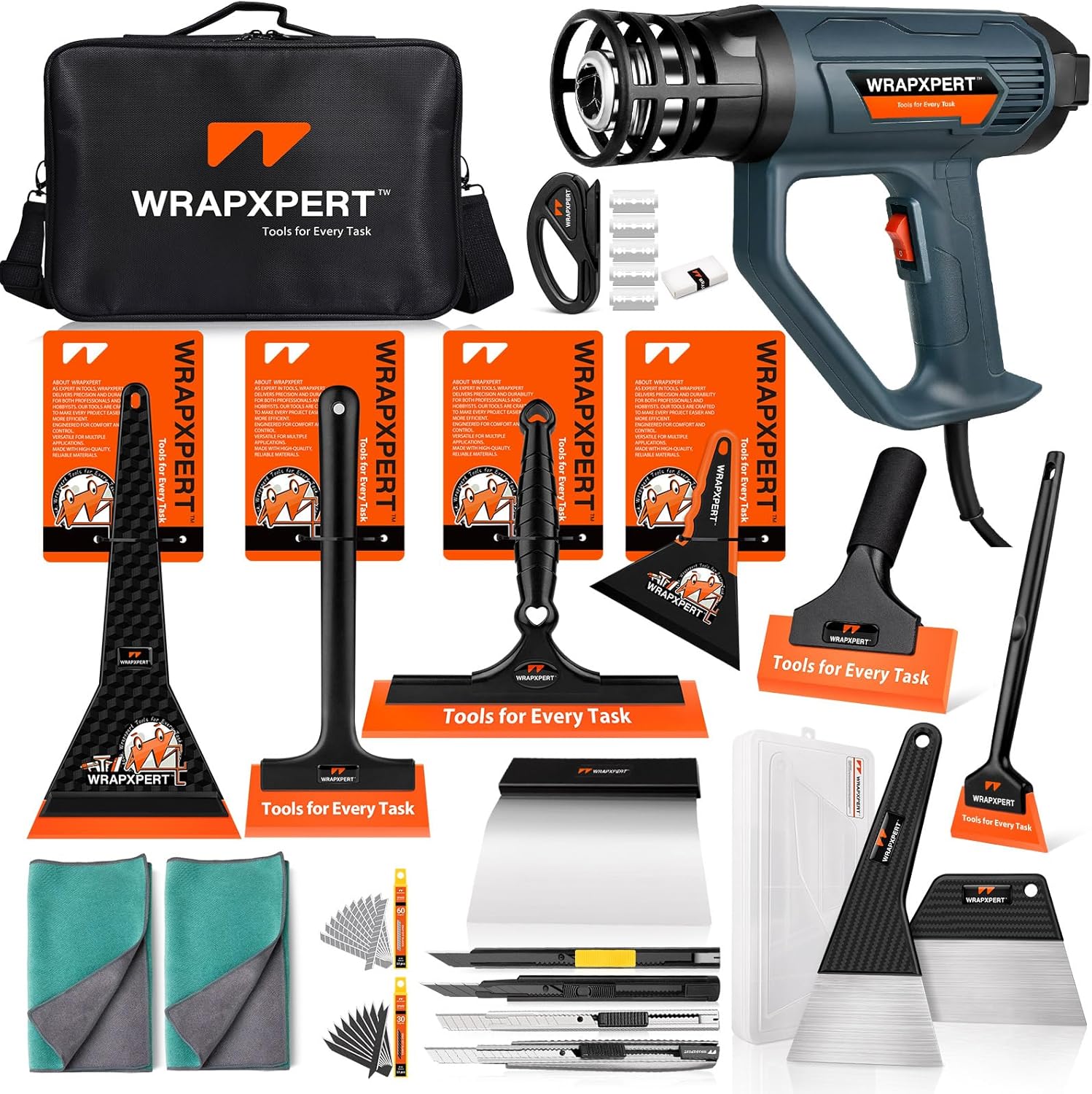 WRAPXPERT Window Tint Tools for Windshield/Rear/Side/Quarter Glass Window Film Installation, 20-in-1 Kits with LCD Heat Gun, Car Tint Squeegees, Utility Knives, Metal Trimming Scraper, Cleaning Cloth