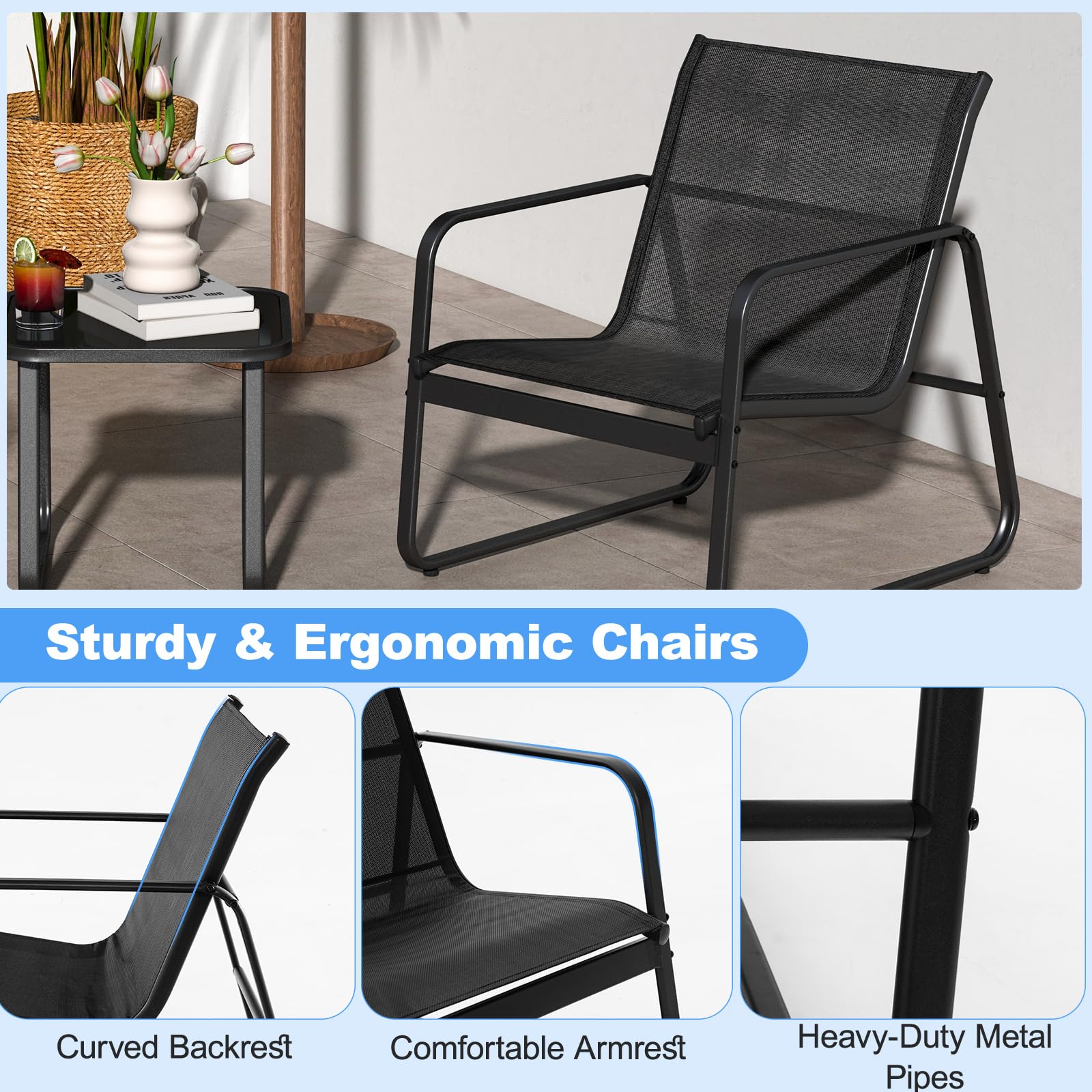 KOMFOTTEU Set da Bistrò in Tessuto Textilene, Set da Giardino in 3 Pezzi, Tavolo Portato 30 kg, 2 Sedie Portate 150 kg, Set Tavolo e Sedie da Esterno, Patio, Cortile, Veranda (Nero)