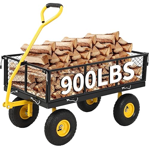 900 Lbs Heavy Duty Steel Garden Cart, Garden Wagon Cart on Wheels, Outdoor Metal Yard Utility Wagon Carts with and Mesh Removable Sides(Convert to Flatbed) and 180°Rotating Handle,Black