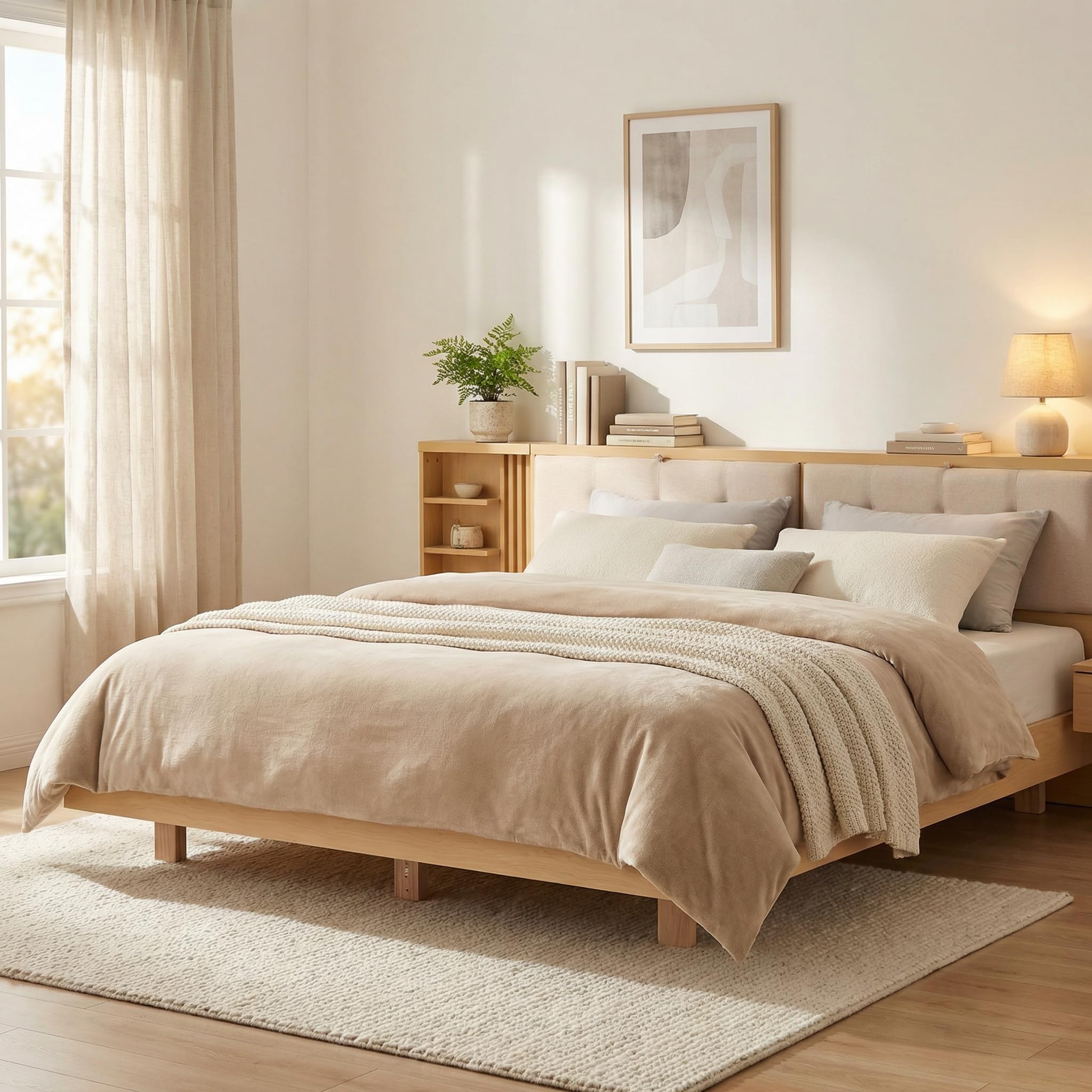 Estructura de Cama Flotante 180x200cm con Cabecero Modular Simetrico de Almacenamiento Compartimentos Abiertos Cajones de Guardado y Base de Lamas de Madera para Adultos Naturalmente