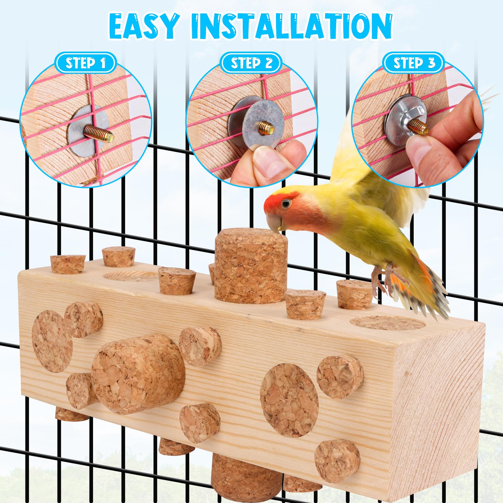 Parrot Toy Cage Perch with Pine Wood Foraging Smart Chewing Toy Soft Corks for Small to Regular Size Parrot Cockatiel Foraging Toy - image 6