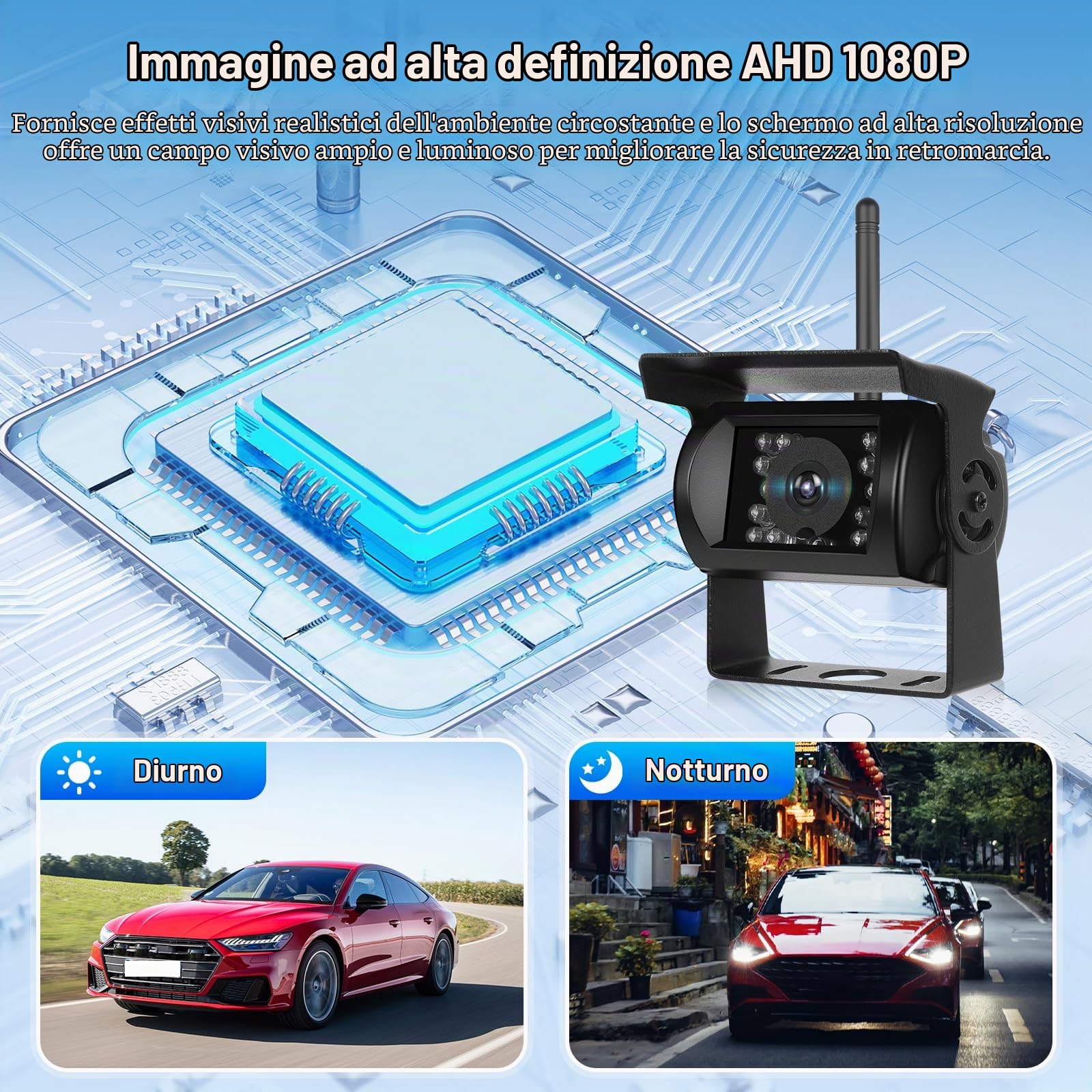 Telecamera per la Retromarcia Wireless Motorsi da 7'' con Schermo HD 1080P, Visione Notturna e Telecamera di Retromarcia Impermeabile IP68, Sistema di Retromarcia per Auto/SUV/Furgoni/Pickup/Camion