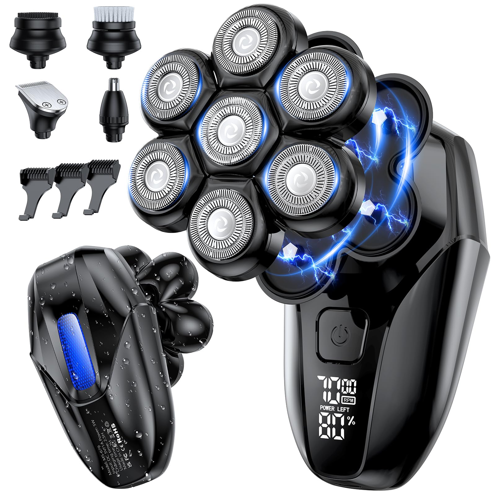 Head Shavers for Bald Men, 5-in-1 Electric Shaver Grooming Kit, 7D Floating IPX7 Waterproof Rechargeable Wet/Dry Razor for Skull Bald Head, Body Hair, with Massager, Black