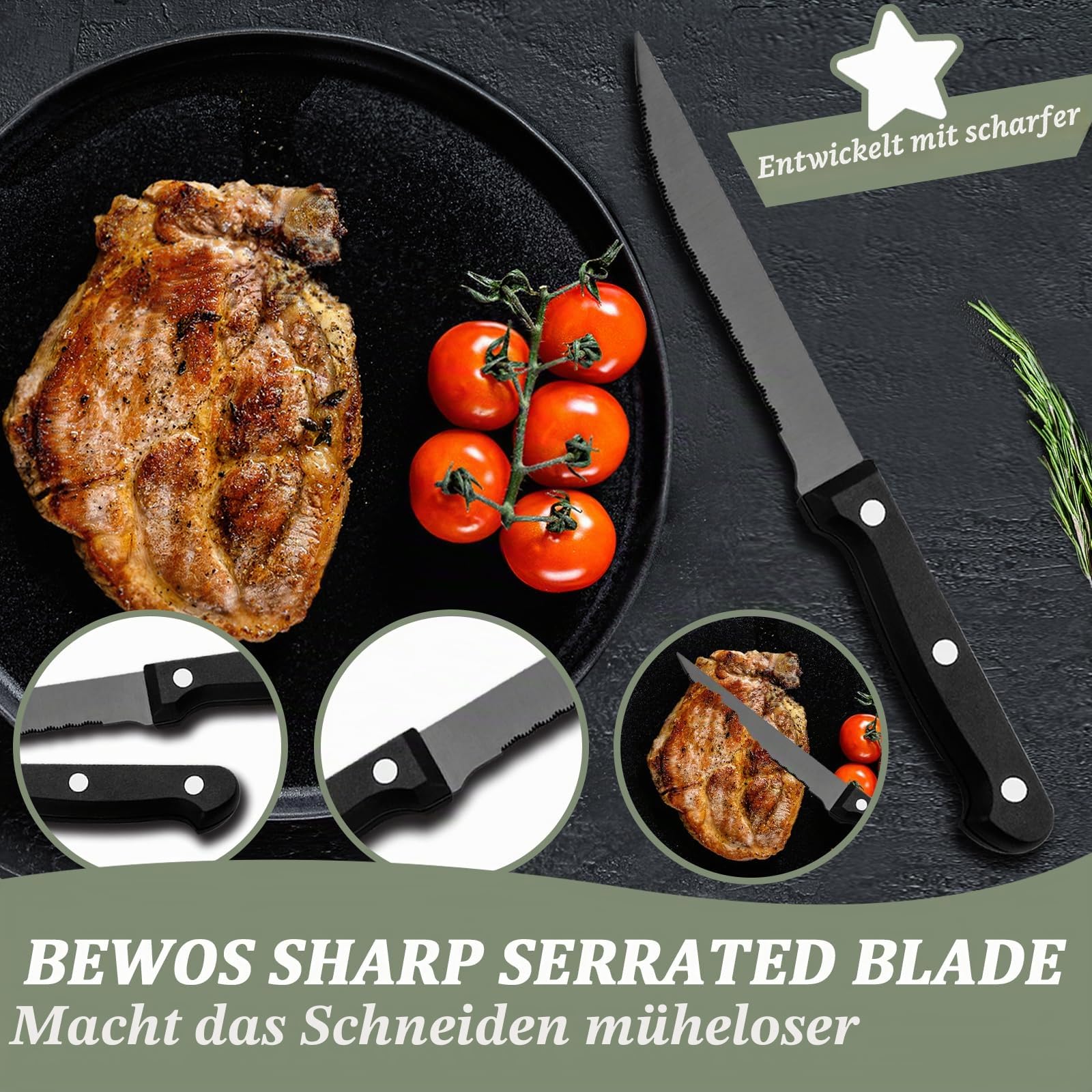 BEWOS 72-teiliges Schwarz Besteck set mit Steakmesser Service für 12, Premium-Edelstahl-Bestecksets für Haus & Küche, Hochwertiges Messer-Löffel-Gabel-Besteck-Set Hochglanzpoliert, Spülmaschinenfest