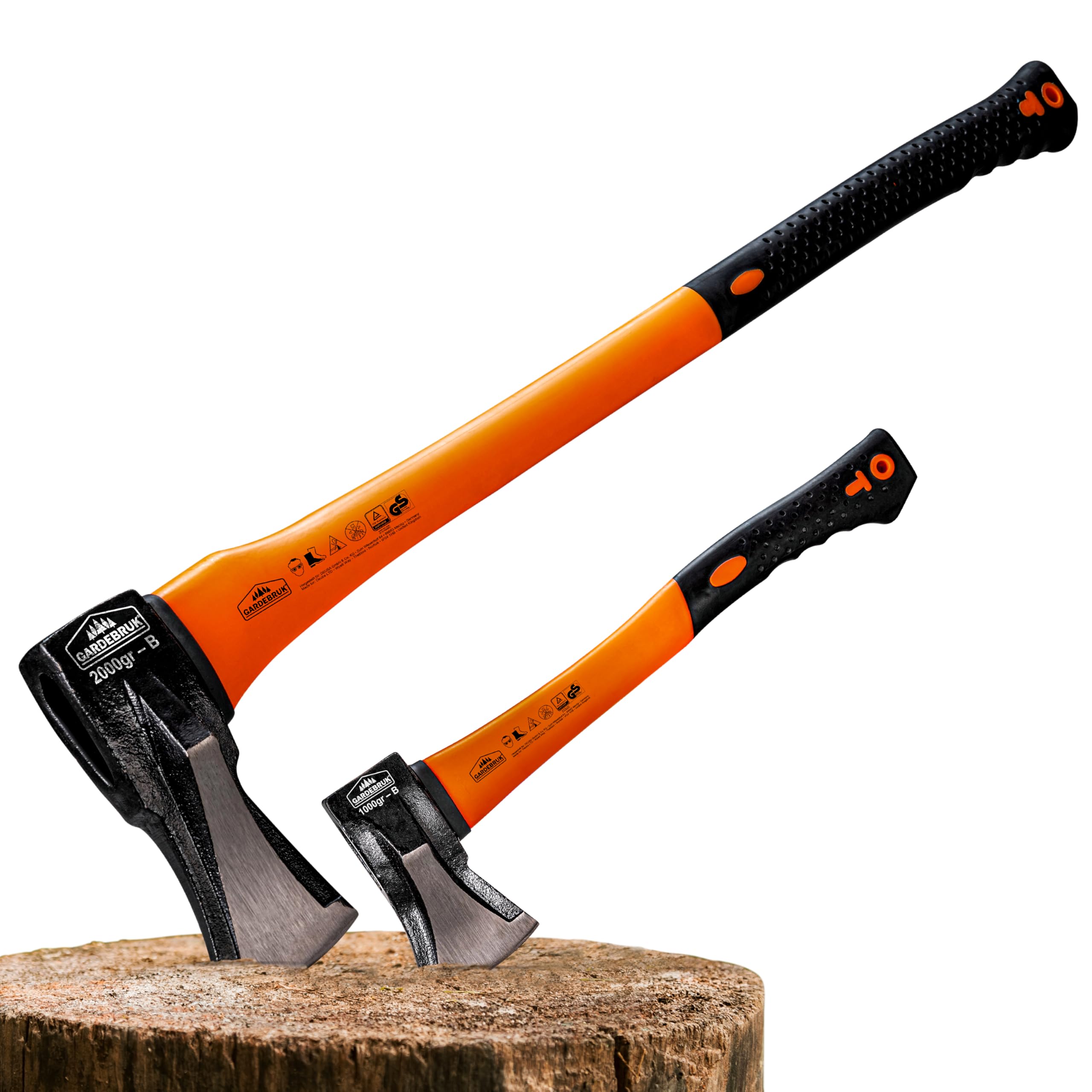Gardebruk® Axt 2 kg Beil 1 kg Set ergonomischer Handgriff Gummischutz Universal Spaltaxt Spaltbeil Spalthammer Holzspalter