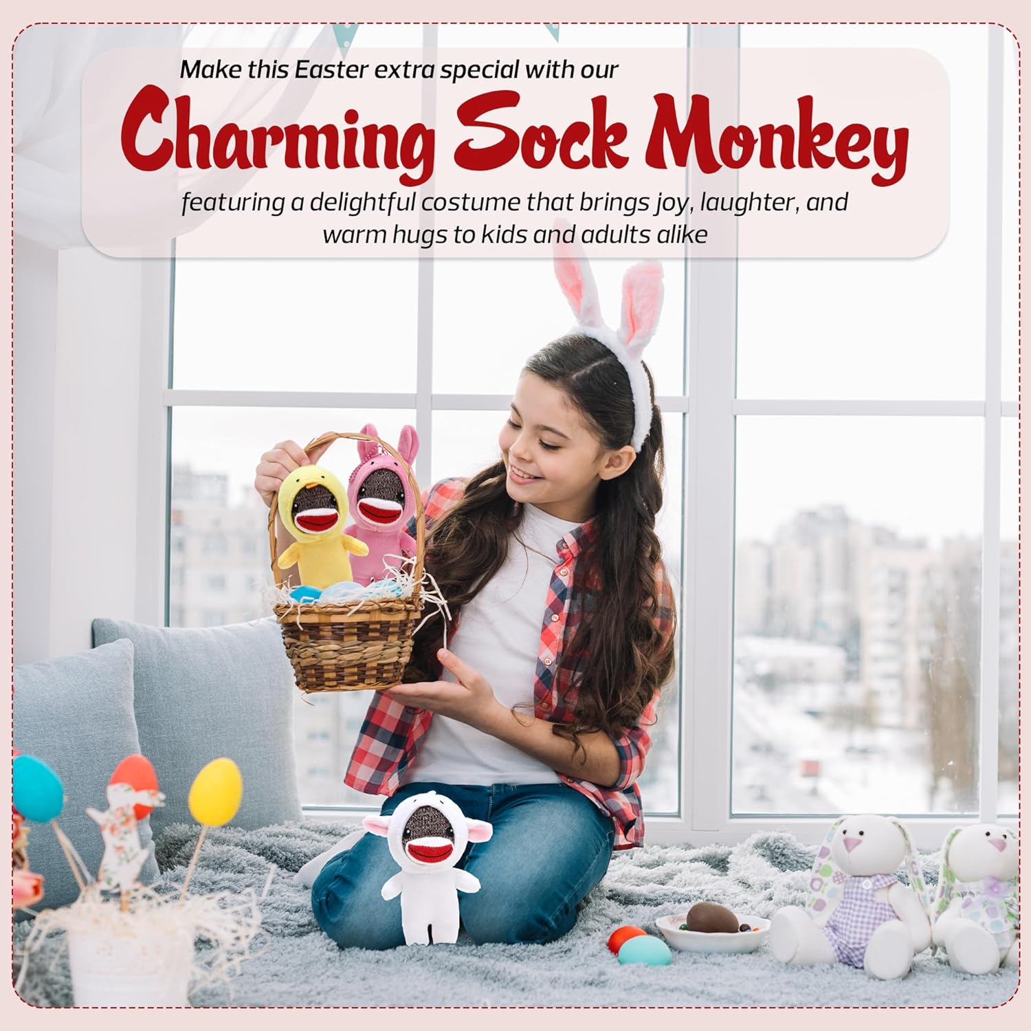 Adorable 6 inch Easter Sock Monkey Plush Toy Chick Costume – Soft Stuffed Animal for Kids & Collectors for Birthdays, Holidays, Springs (Wanna be Chick)
