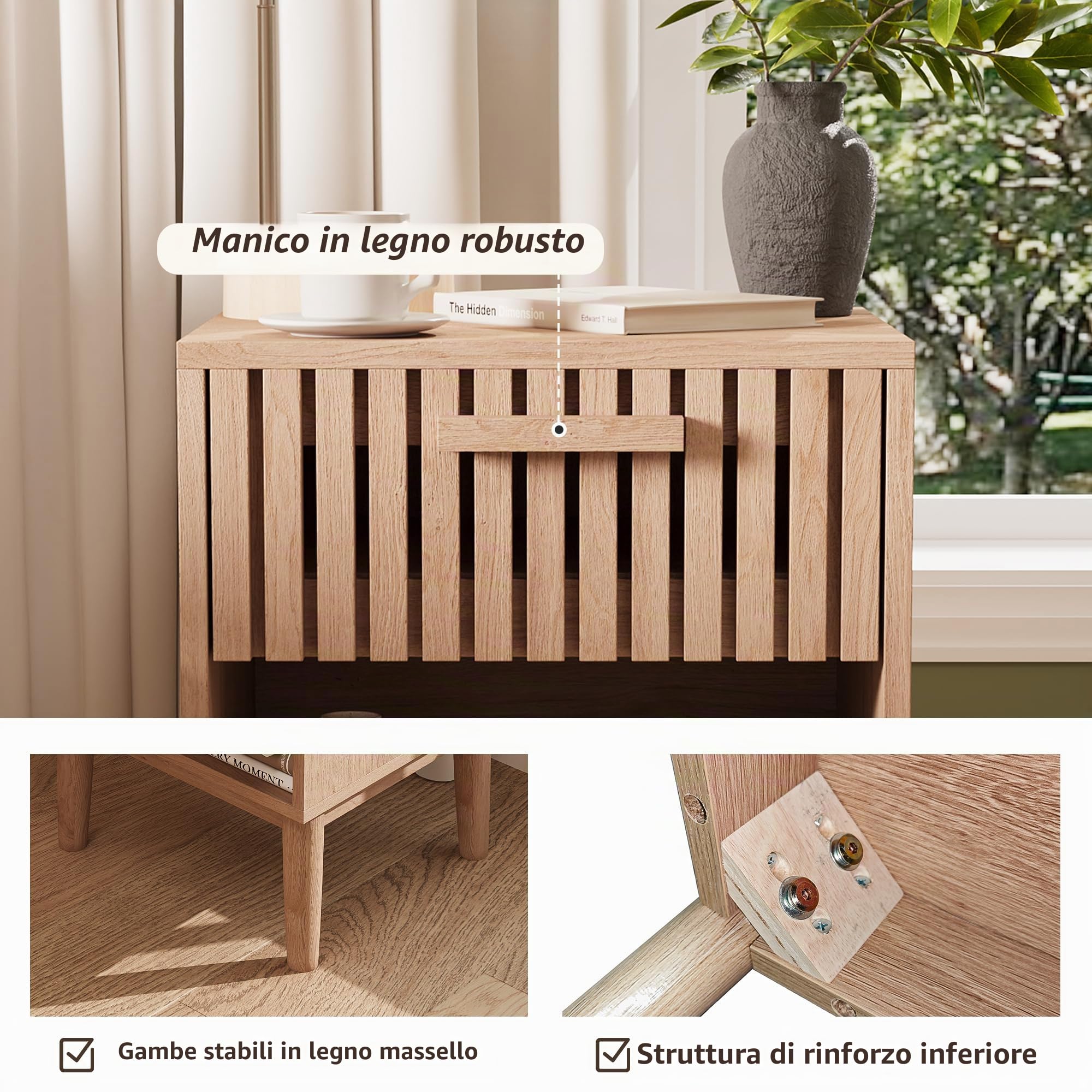 Set di 2 comodini da notte con cassetti e ripiano aperto, tavolino in legno con spazio di archiviazione, comodini moderni in stile boho per camera da letto, soggiorno, 40x35x55cm, colore