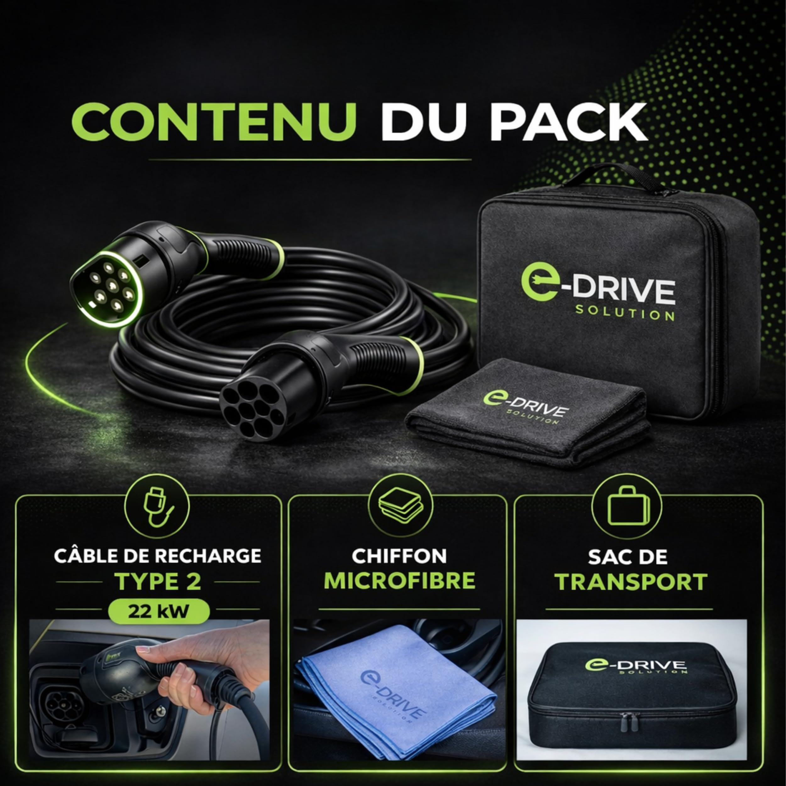 Câble Recharge & Chargeur Voiture Électrique Type 2 Hybride 7-11-22 KW 32A 5M, IP65 TÜV CE, Tesla Model 3/Y, Renault Zoé, Peugeot e-208 - Marque Française