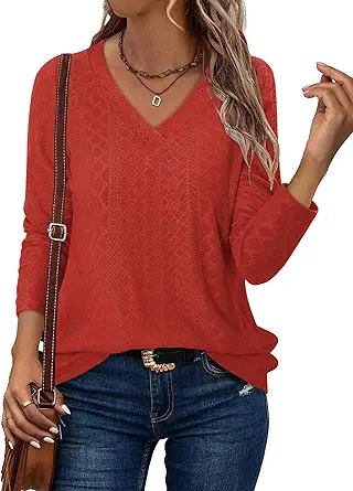 KISSMODA Long Sleeve Fall Shirts For Women V Neck Tunic Tops Embroidered Button Down Knitted Blouses 2025
