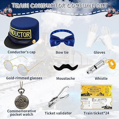 Miniatura 2 de 32 piezas de accesorios de disfraz de conductor de tren de Navidad con sombrero de conductor "Believe", reloj de bolsillo para boleto y silbato de