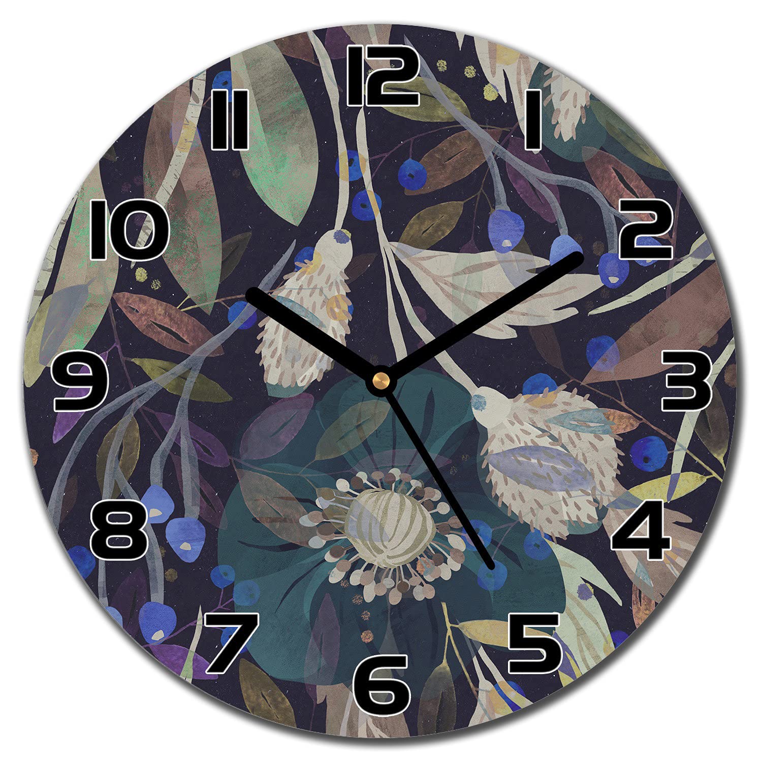 Horloge en verre 30 cm Moderne Cuisine Salon par Coloray motif végétal avec aiguilles noires