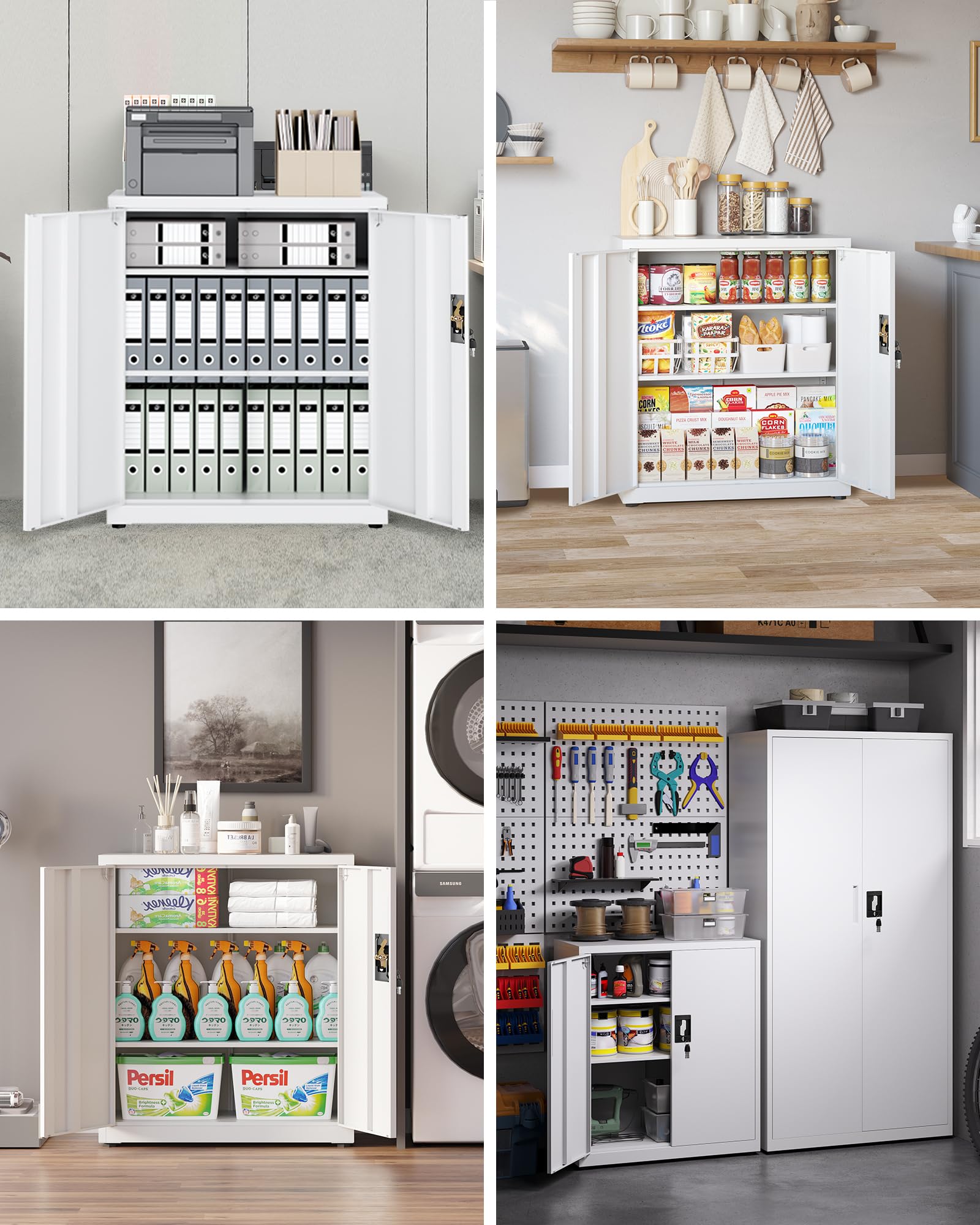 LAND·VOI Armadio in Acciaio 3 Ripiani con Serratura Ripiani Regolabili Ante a Doppia Porta Armadio per Ufficio Mobile in Metallo per Ufficio Garage Cucina Officina 80x40x91.5cm