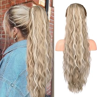FLUFYMOOZ Ponytail Extension, 26 Inch Drawstring Ponytail Hair Extensions for Women, Long Curly Wavy Ponytail Natural Synthetic Hairpiece for Women (26 Inch Blonde with Blonde Highlights)