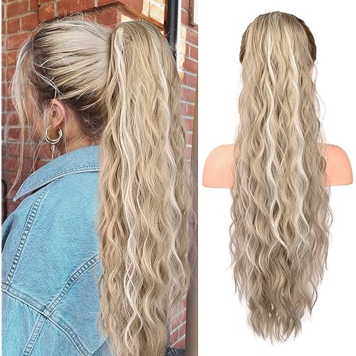 FLUFYMOOZ Ponytail Extension, 26 Inch Drawstring Ponytail Hair Extensions for Women， Long Curly Wavy Ponytail Natural Synthetic Hairpiece for Women (26 Inch Blonde with Blonde Highlights)
