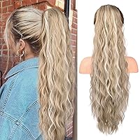 Vista 41 de FLUFYMOOZ Extensión de cola de caballo, 22 pulgadas, extensiones de cabello sintético ondulado largo y rizado para mujer