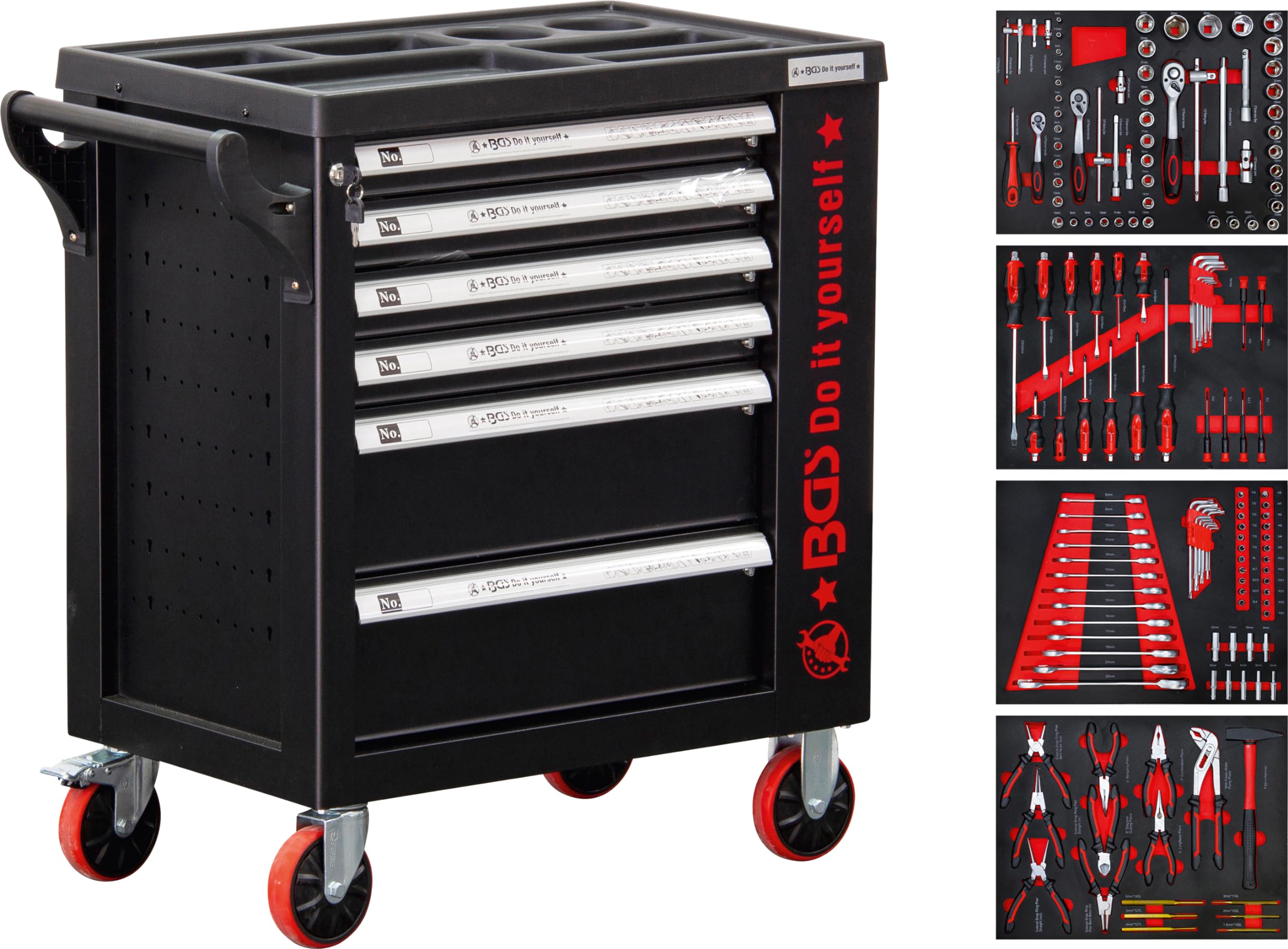 BGS Diy 6055 | Servante d’atelier | 6 tiroirs | 1 porte latérale | avec 158 outils