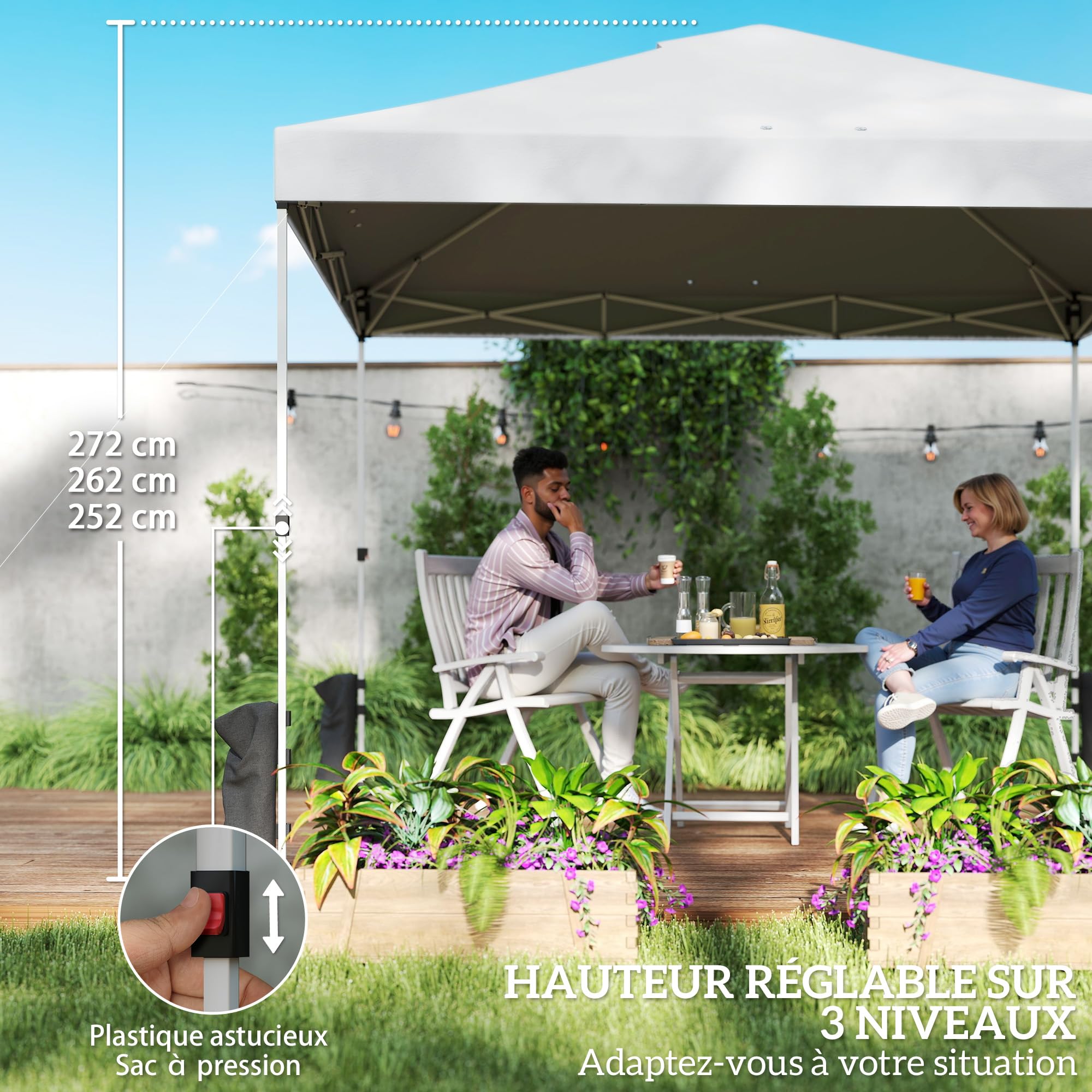 Outsunny Tonnelle de Jardin 3 x 3 m Pop Up Hauteur Réglable UV50+ Blanc