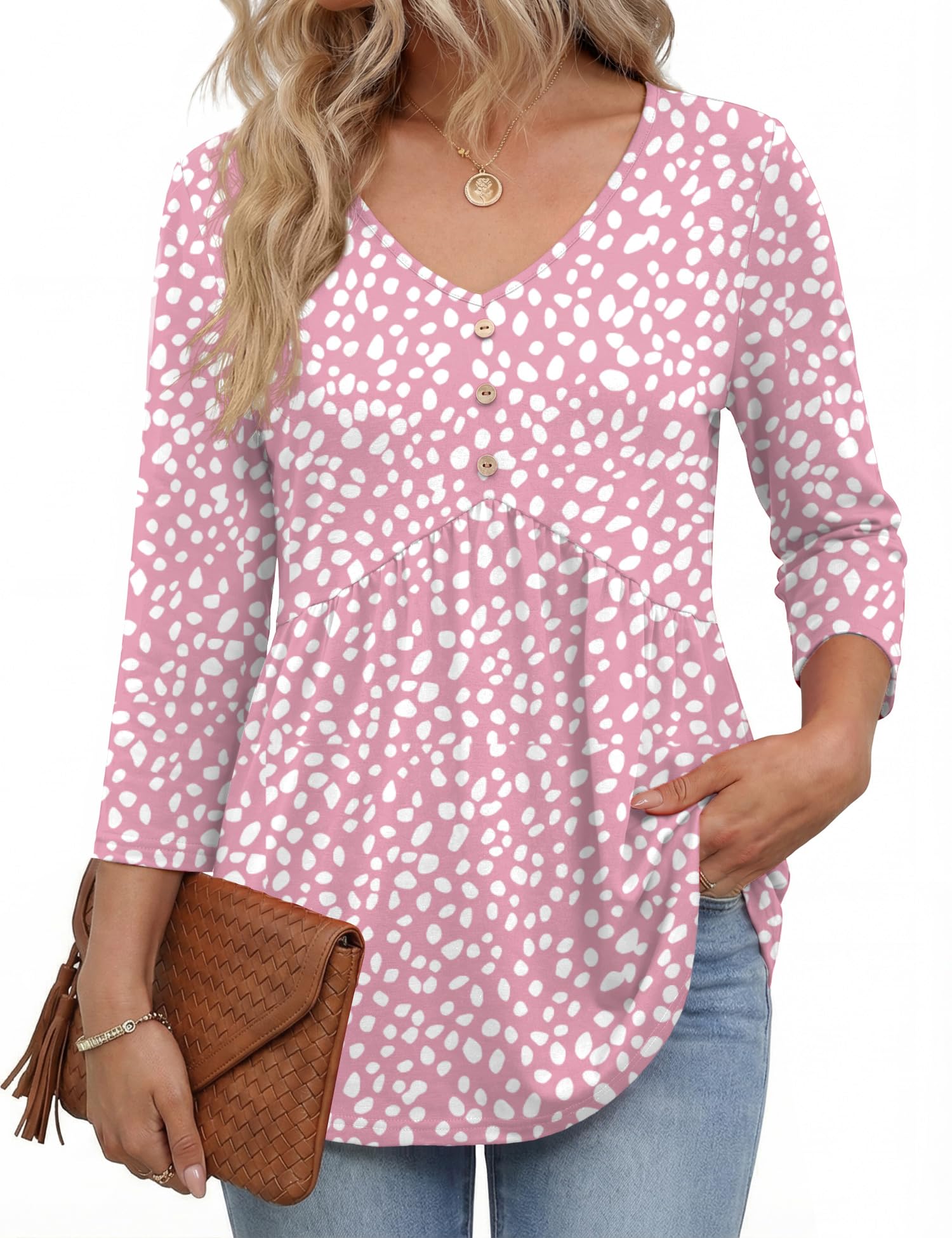 Rapbin Bluse Damen 3/4 Arm Shirt V-Ausschnitt Oberteil Elegant Button Blusenshirt Sommer Tops Locker Shirt Lässig Tunika Business Outfit