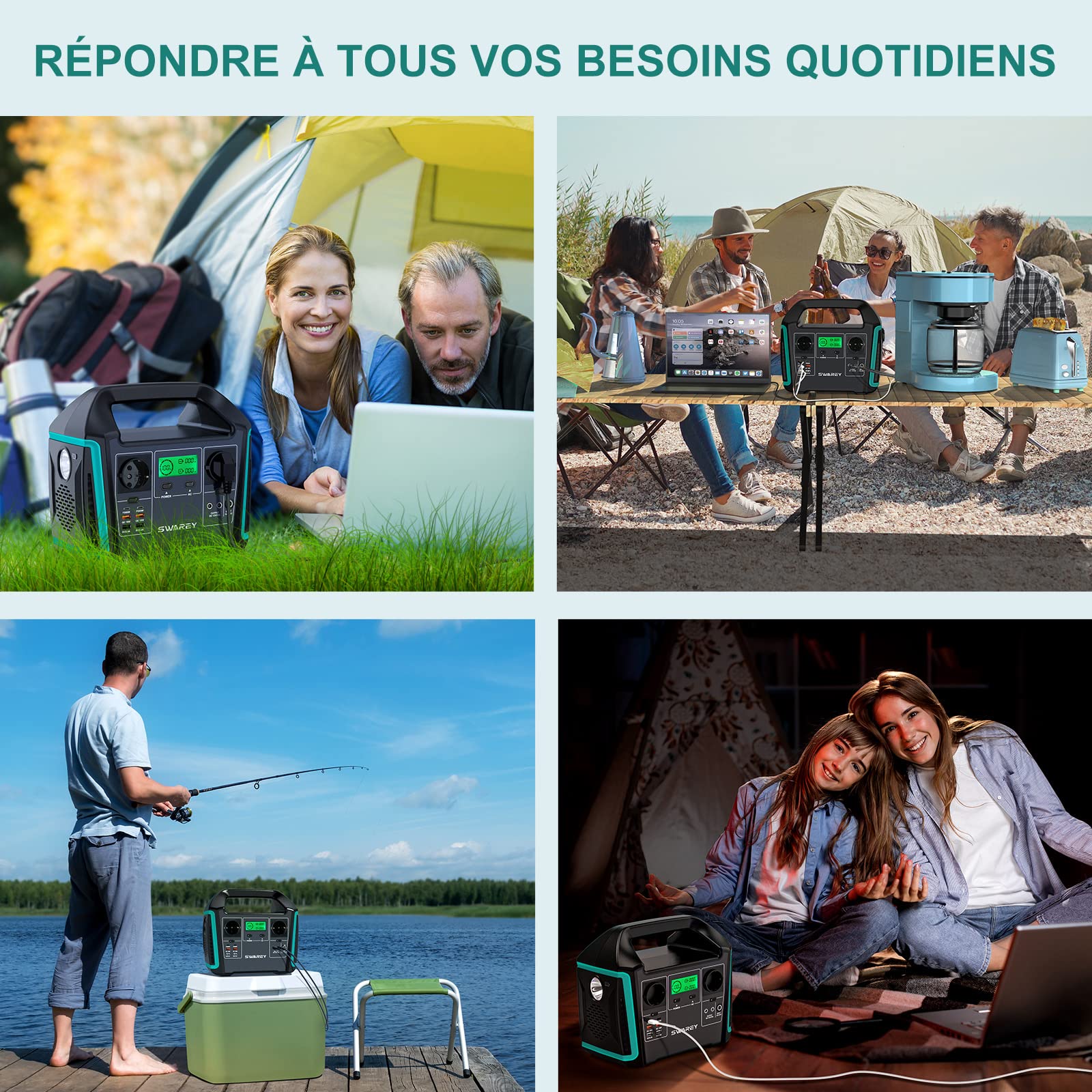 Station d’énergie portable SWAREY S1000 1000W + Panneau Solaire 100W, Capacité 725,76Wh, Recharge Secteur/Véhicule/Solaire, Onde Sinusoïdale Pure, Multiples Ports PD/QC3.0 pour Camping Van Urgence